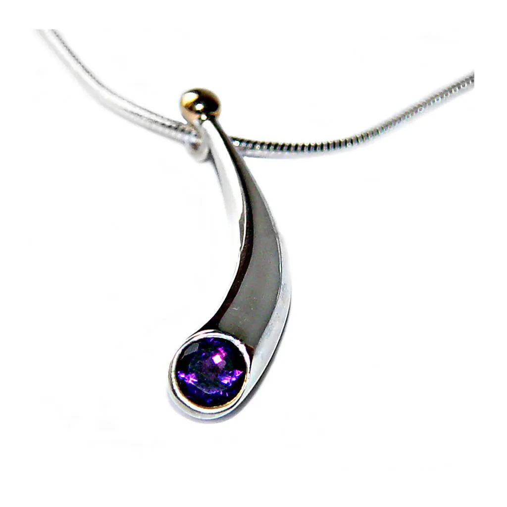 Short curved silver wiggly pendant with blue topaz & 18ct gold bead