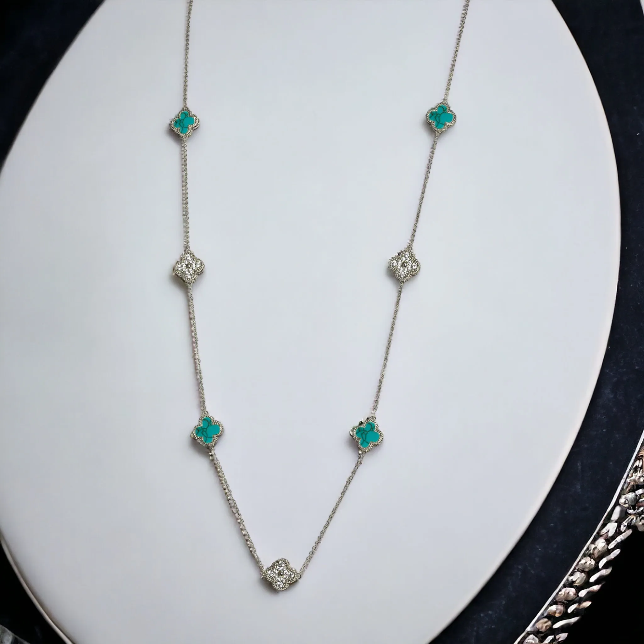 Silver 36" Round Clover Necklace with Turquoise and CZ