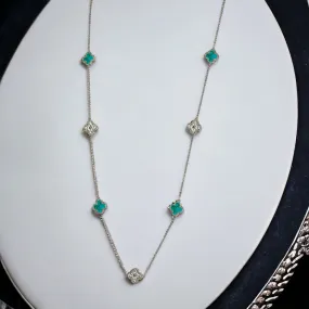 Silver 36" Round Clover Necklace with Turquoise and CZ