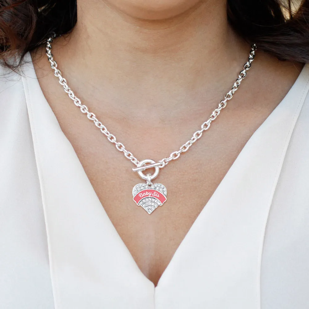Silver Coral Baby Sister Pave Heart Charm Toggle Necklace