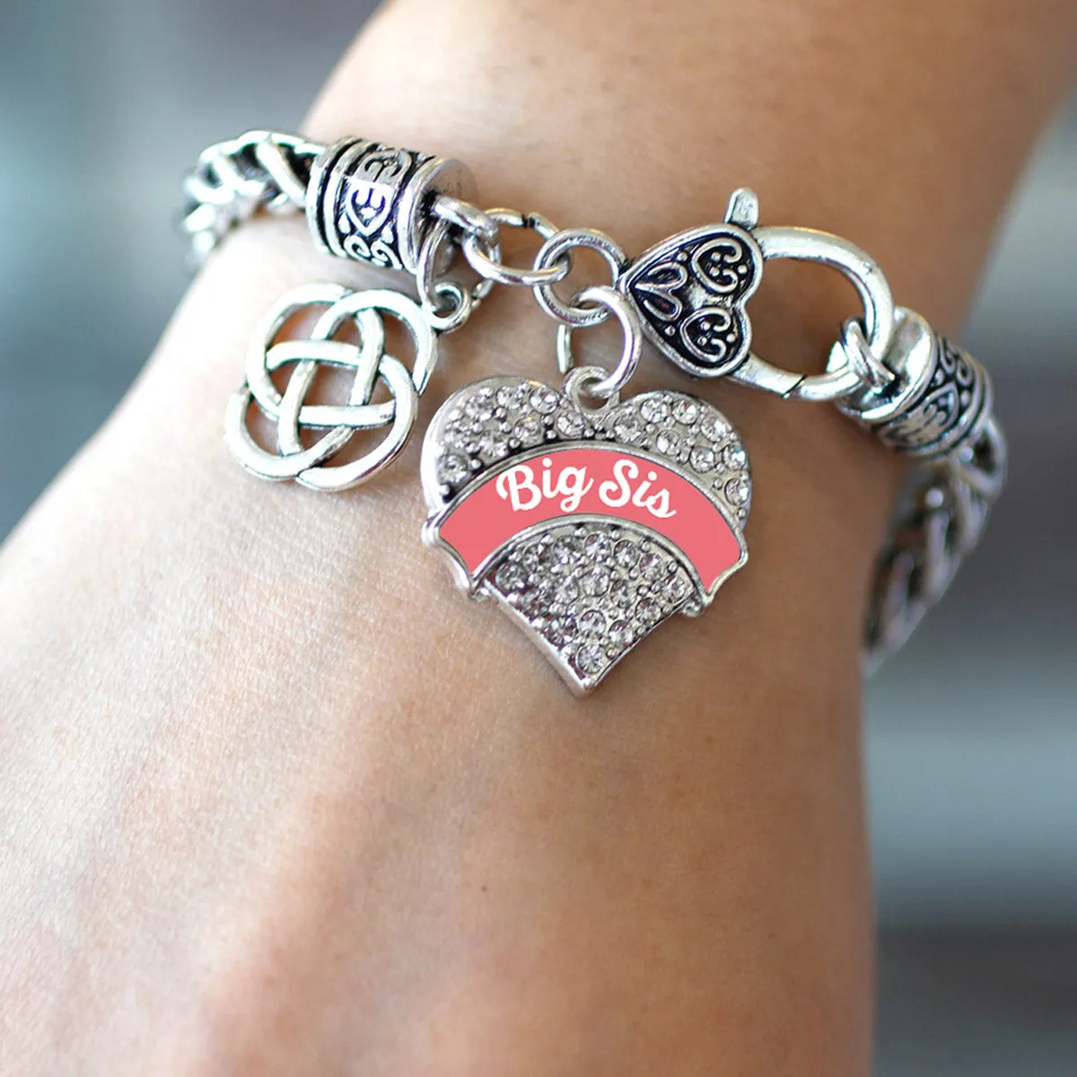Silver Coral Big Sis Celtic Knot Pave Heart Charm Braided Bracelet