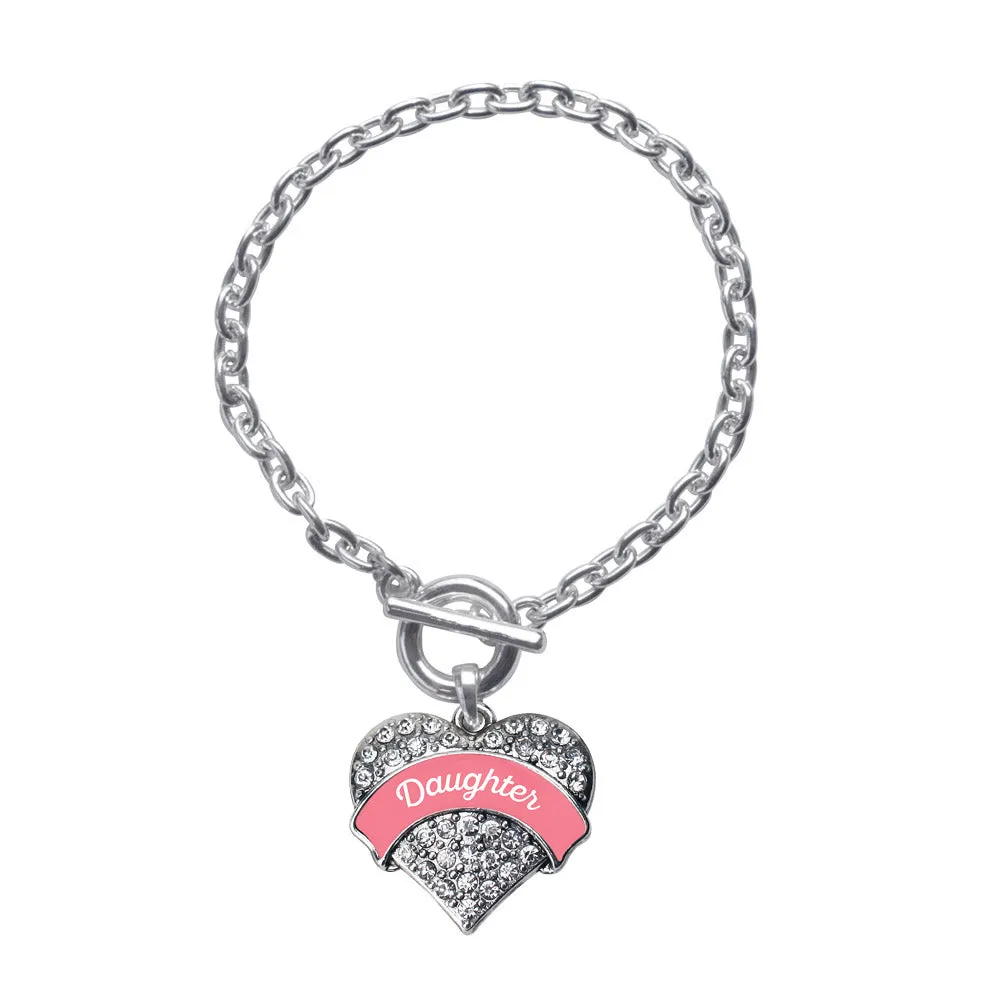 Silver Coral Daughter Pave Heart Charm Toggle Bracelet