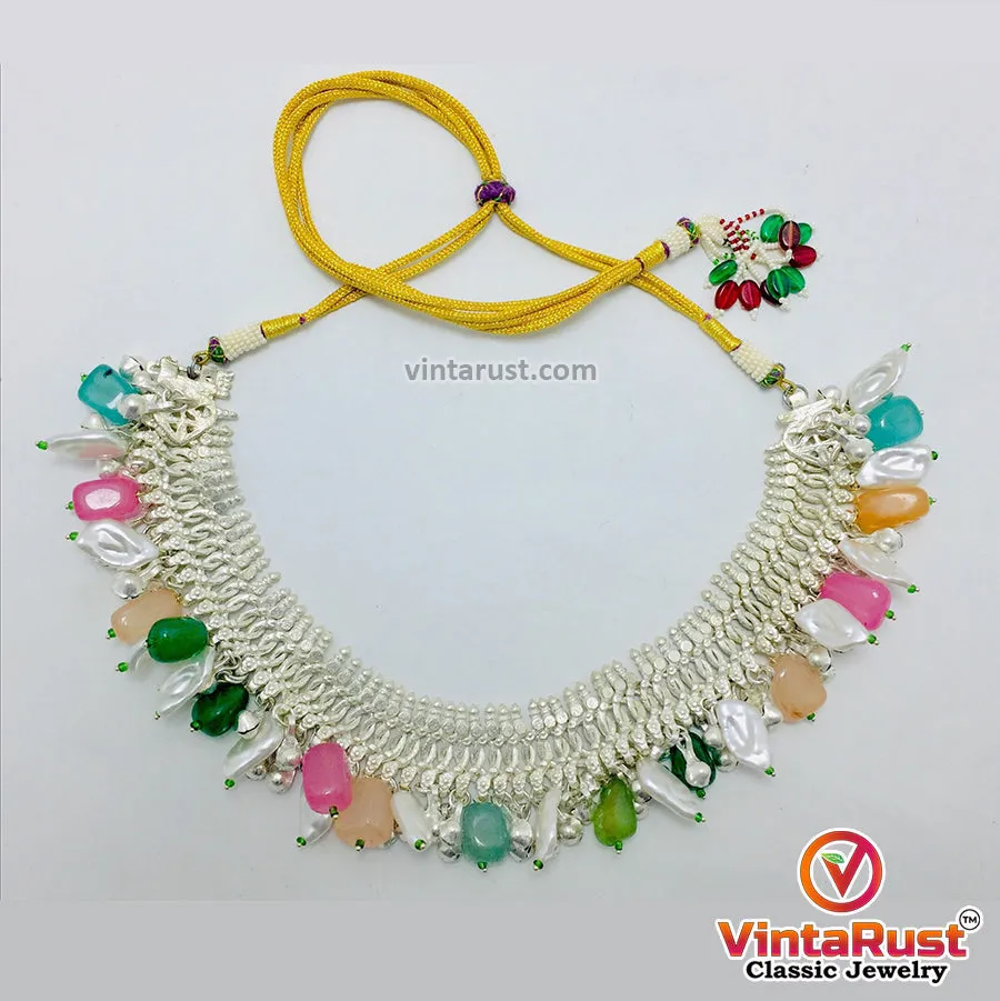 Silver Metallic Choker Necklace With Multicolor Stones