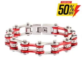 SK1101 1/2" Wide Two Tone Silver Red With White Crystal Centers Stainless Steel Motorcycle Bike Chain Bracelet