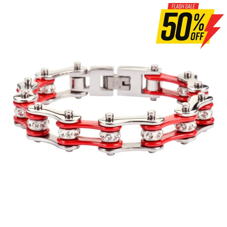 SK1101 1/2" Wide Two Tone Silver Red With White Crystal Centers Stainless Steel Motorcycle Bike Chain Bracelet