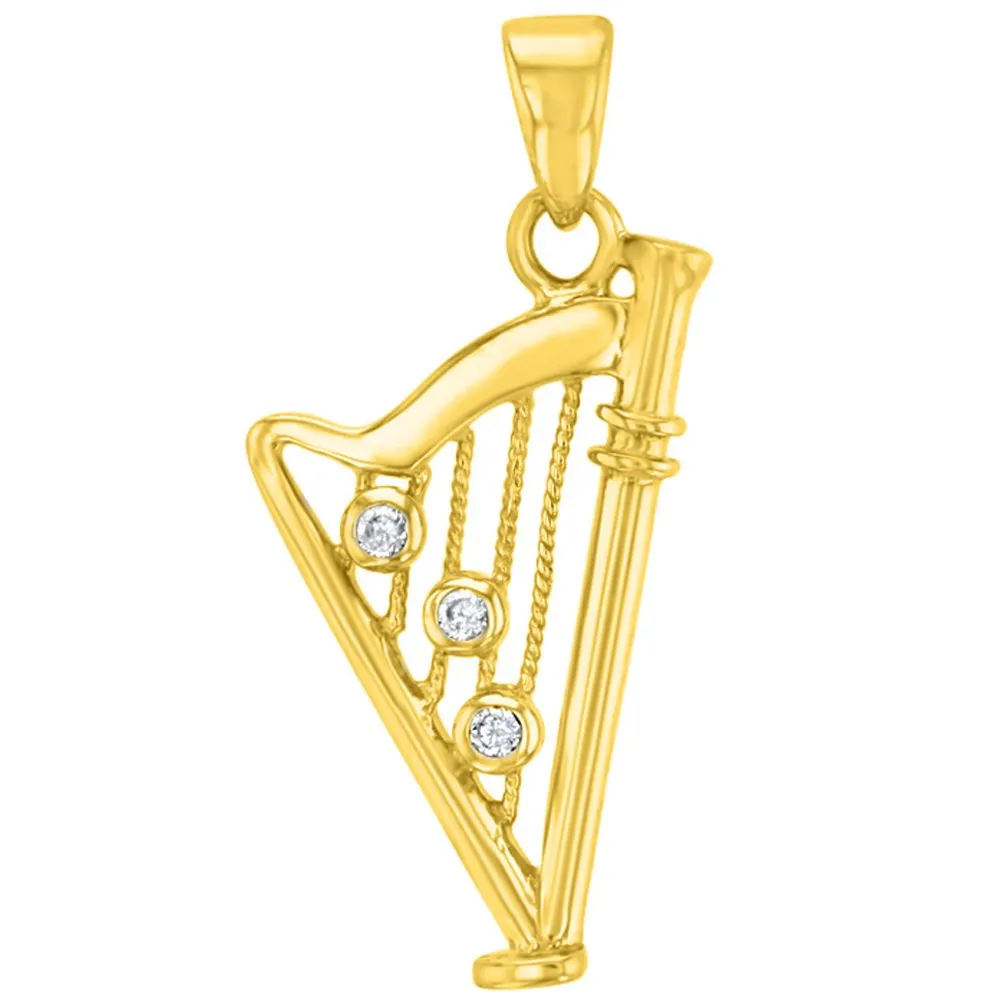 Solid 14K Gold CZ Harp Charm Musical Instrument Pendant Necklace - Yellow Gold