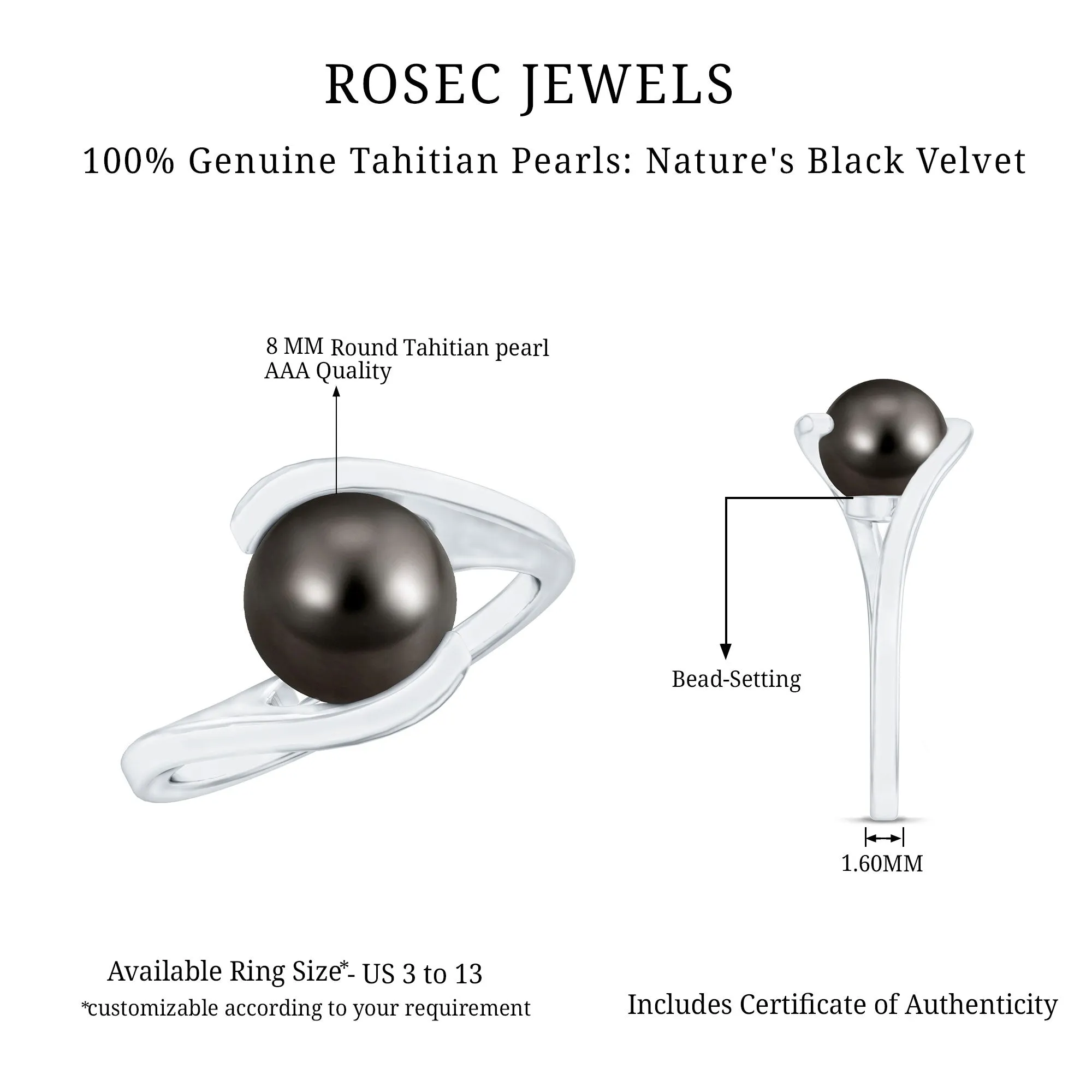 Tahitian Black Pearl Solitaire Bypass Engagement Ring in Gold