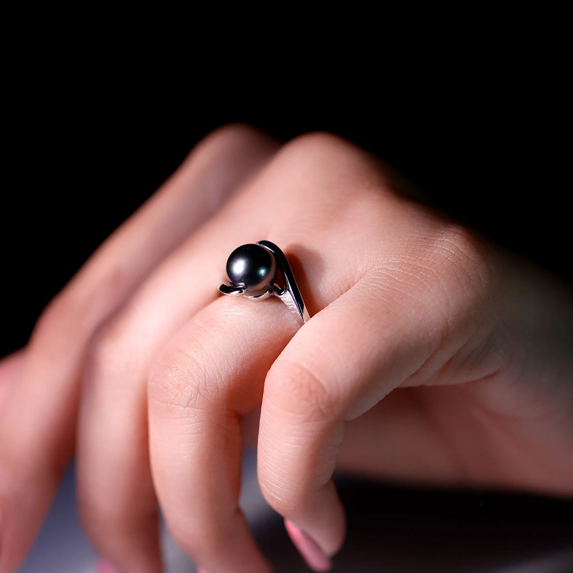 Tahitian Black Pearl Solitaire Bypass Engagement Ring in Gold
