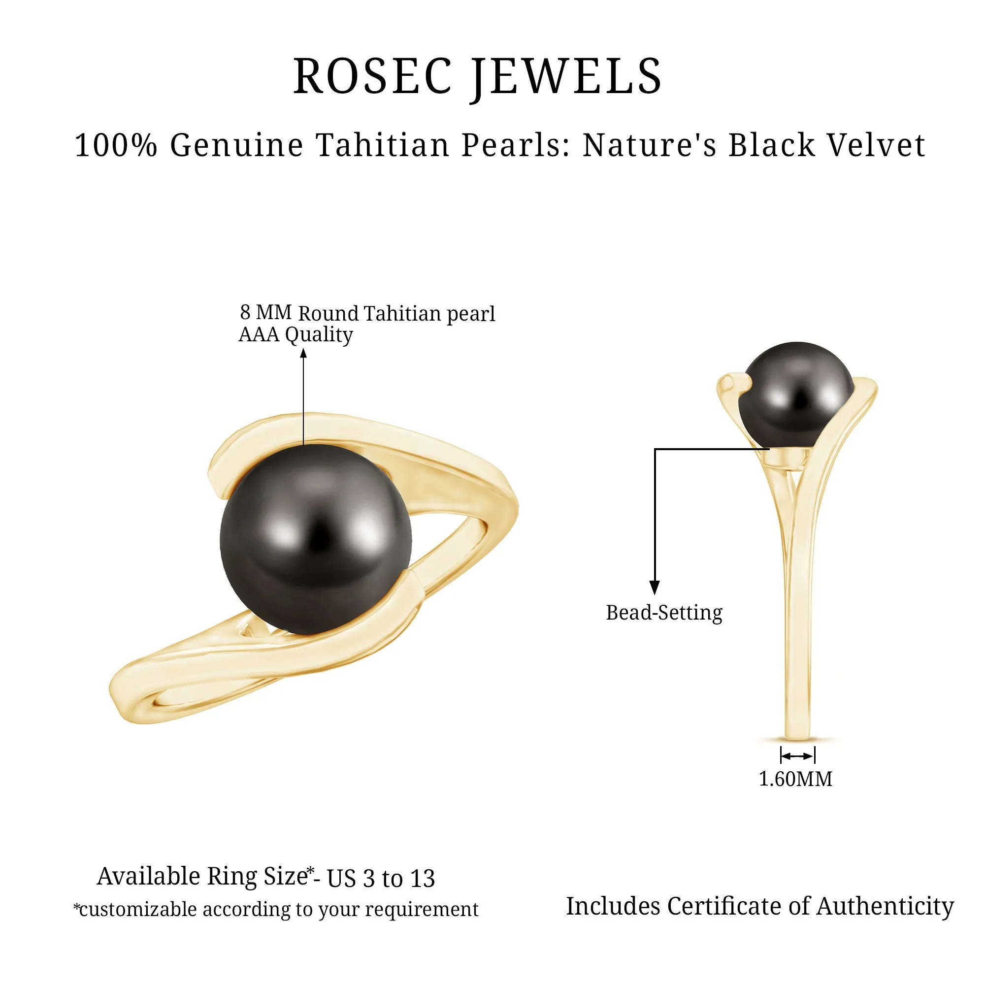 Tahitian Black Pearl Solitaire Bypass Engagement Ring in Gold