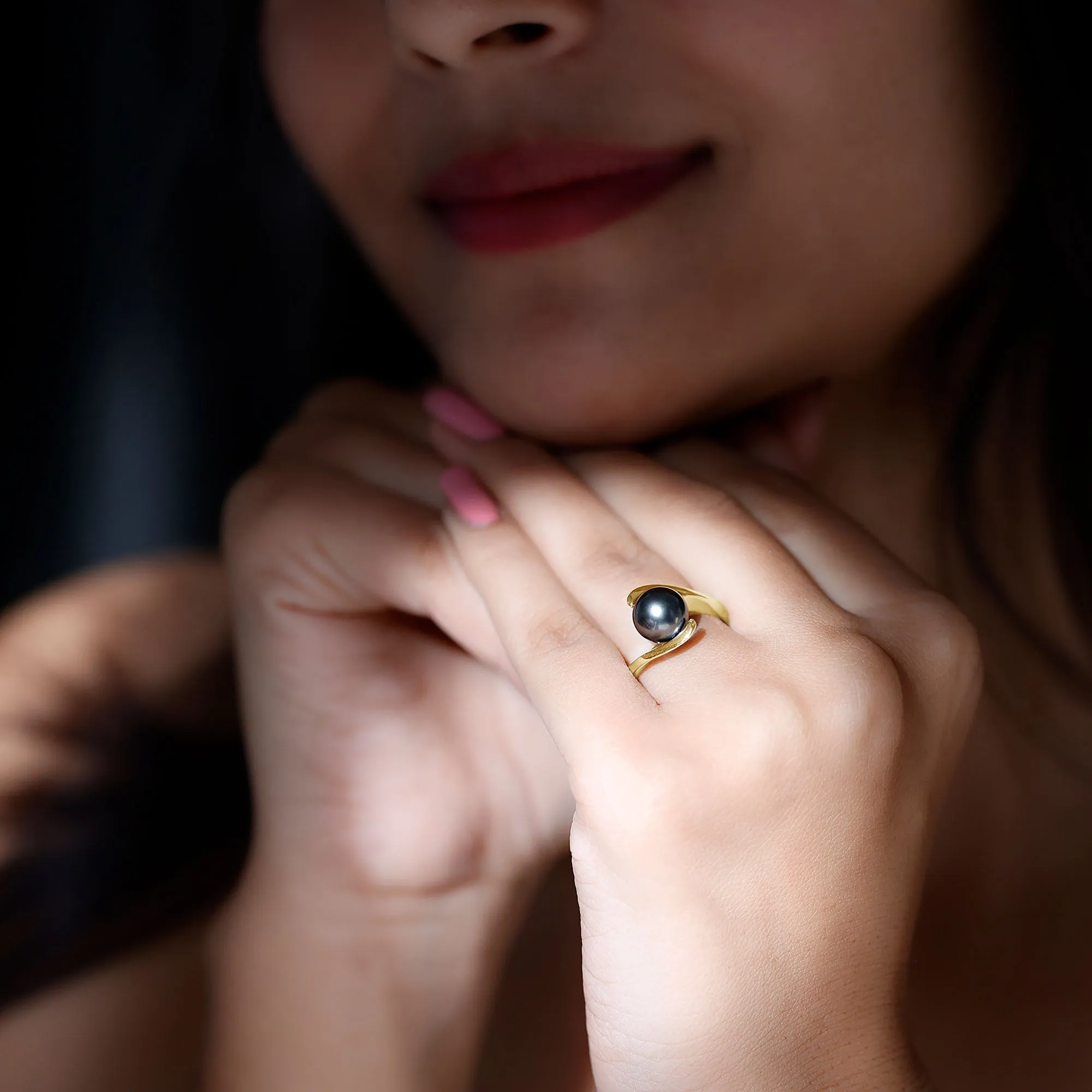 Tahitian Black Pearl Solitaire Bypass Engagement Ring in Gold