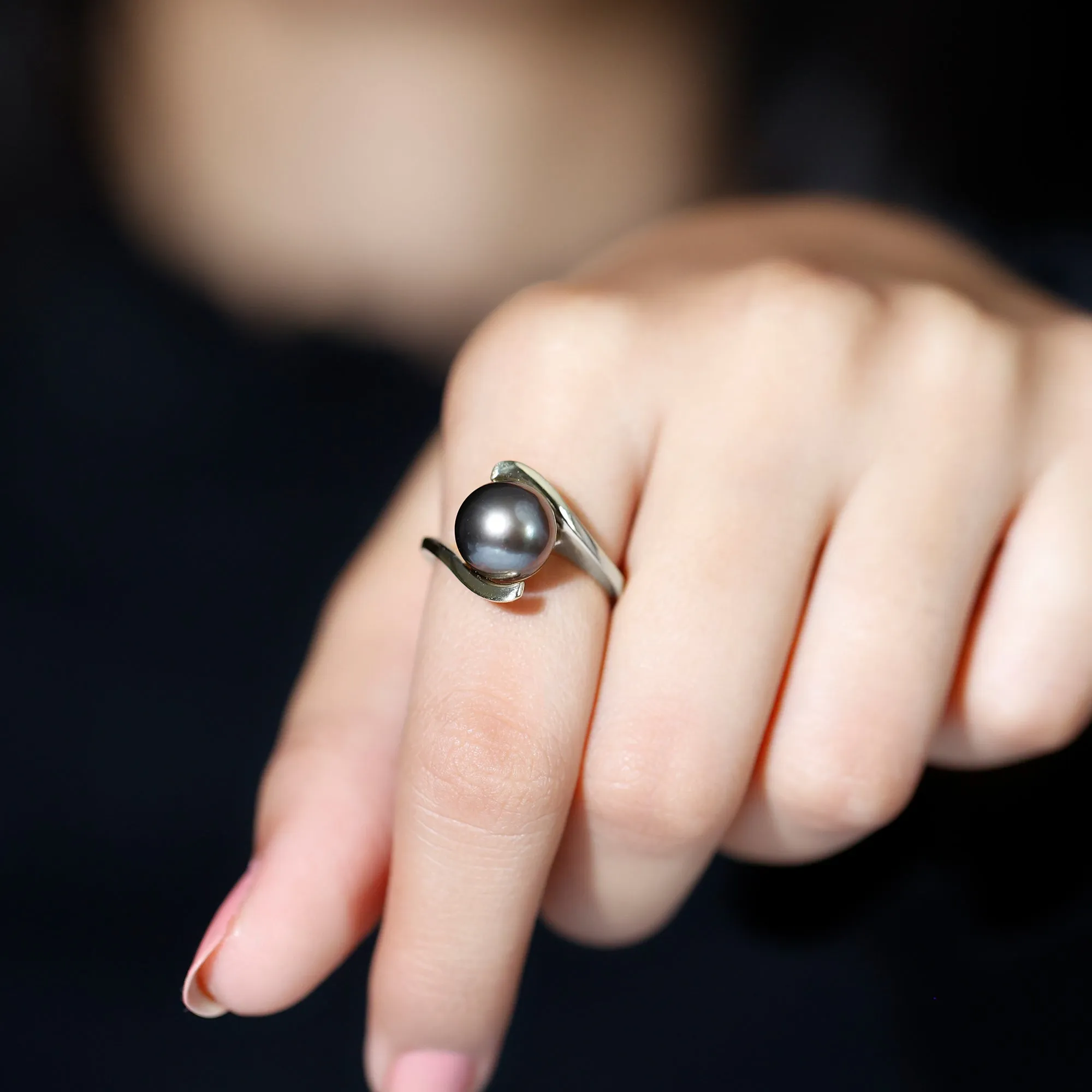 Tahitian Black Pearl Solitaire Bypass Engagement Ring in Gold