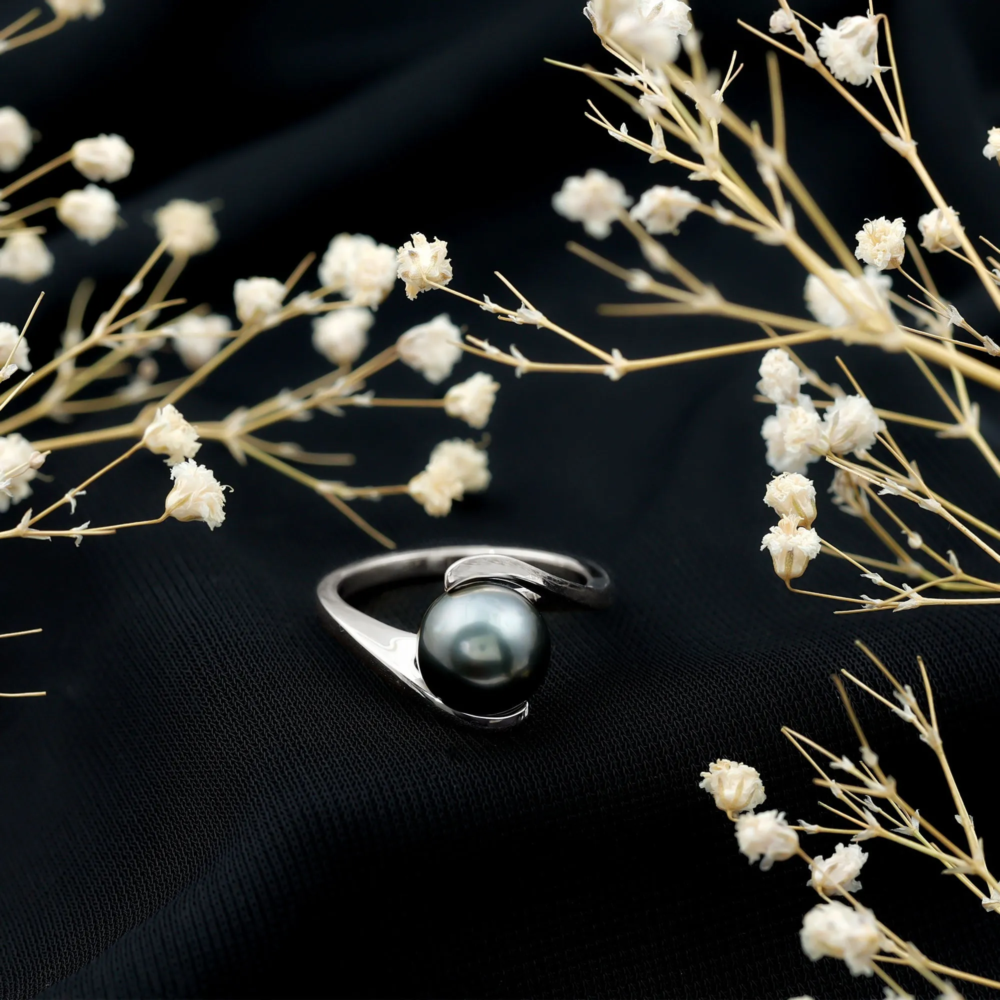 Tahitian Black Pearl Solitaire Bypass Engagement Ring in Gold