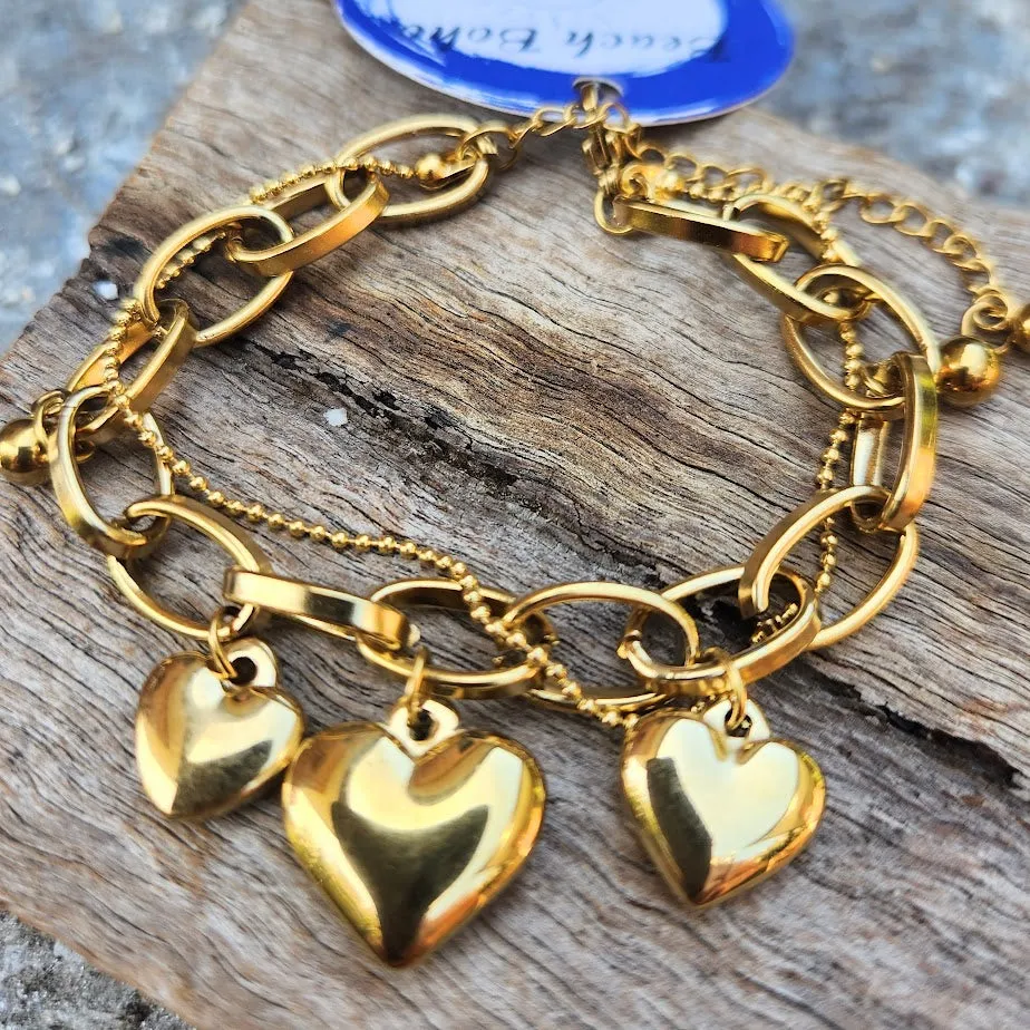 THREE HEARTS OF LOVE - 18 CT GOLD WATERPROOF CHAIN BRACELET