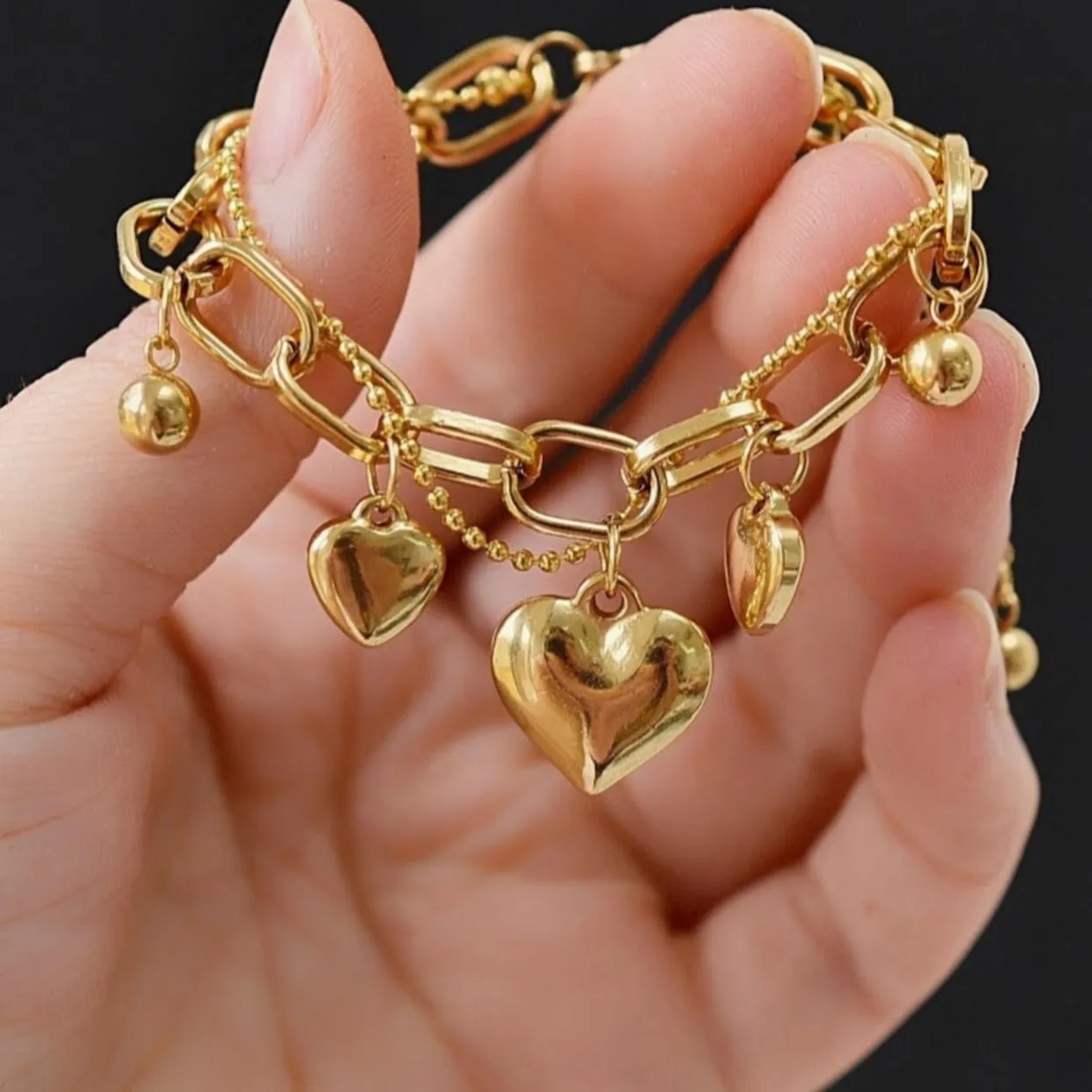 THREE HEARTS OF LOVE - 18 CT GOLD WATERPROOF CHAIN BRACELET