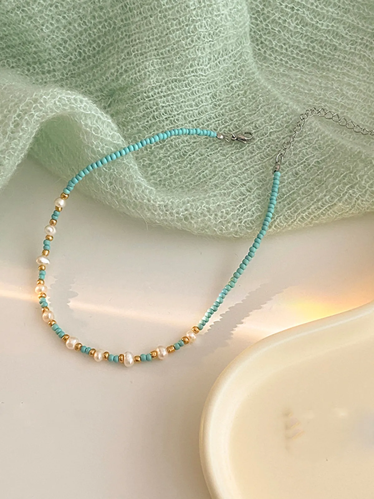 Turquoise Beaded and Pearl  Necklace