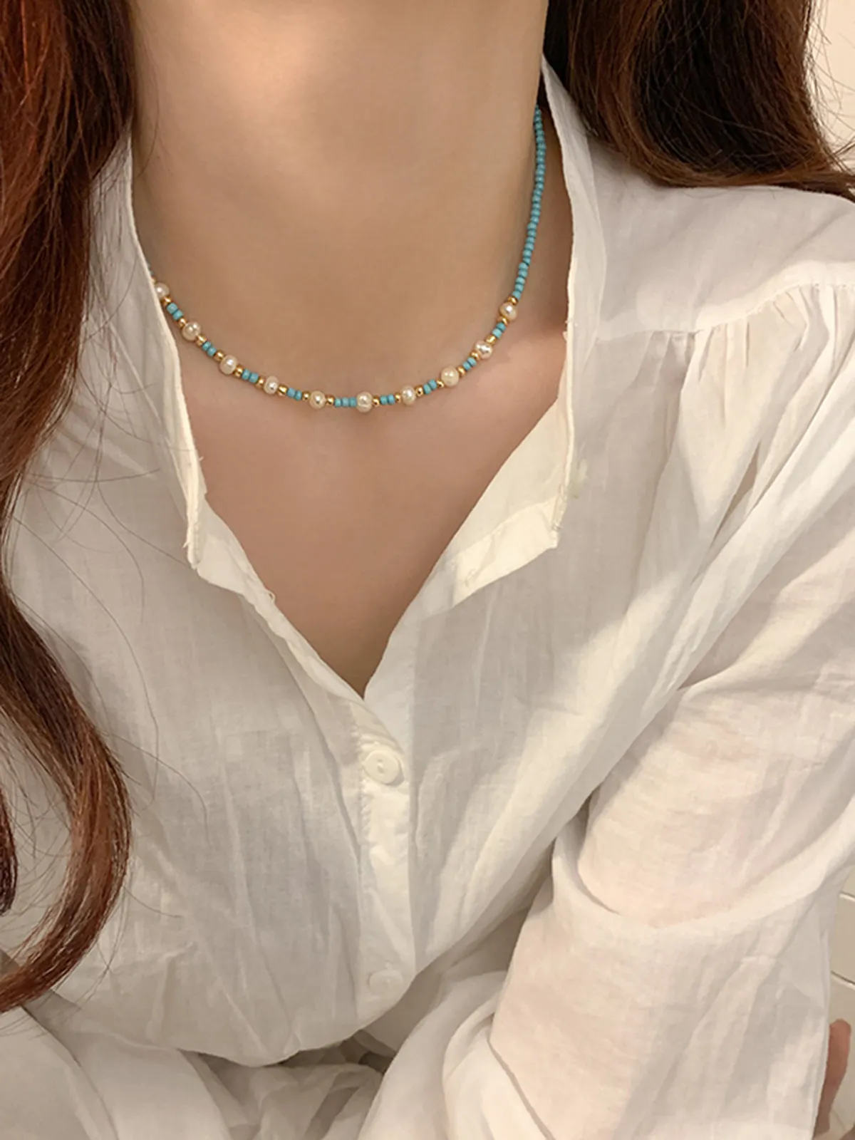 Turquoise Beaded and Pearl  Necklace