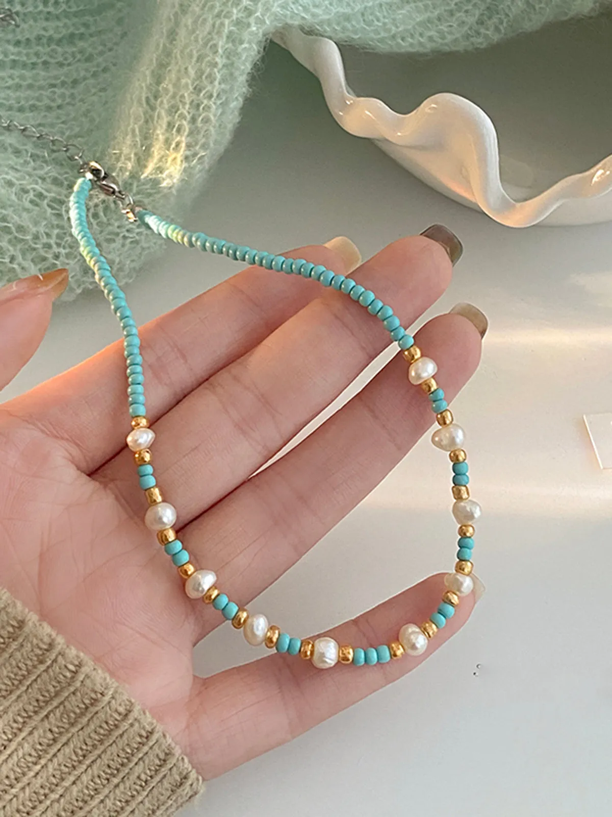 Turquoise Beaded and Pearl  Necklace