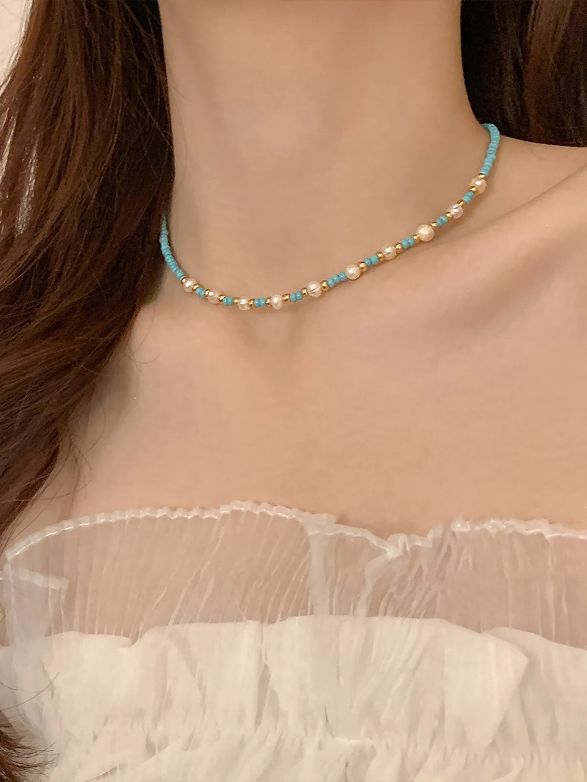 Turquoise Beaded and Pearl  Necklace