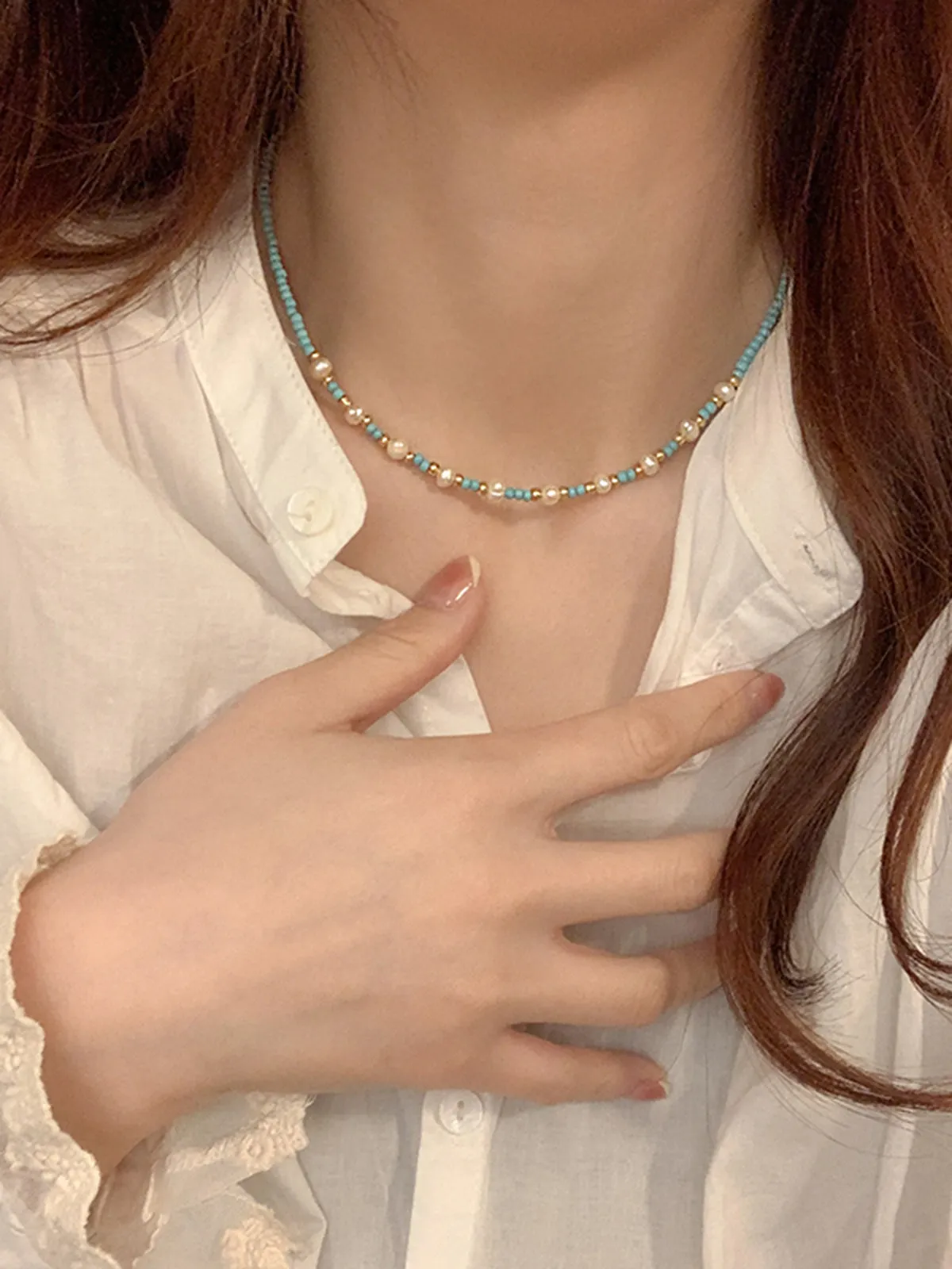 Turquoise Beaded and Pearl  Necklace
