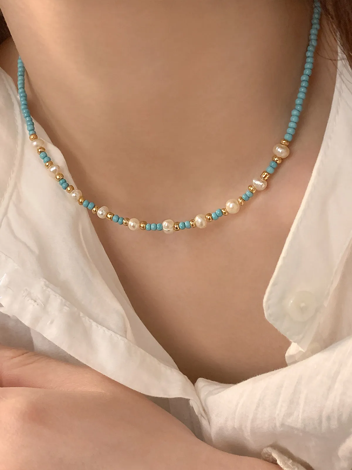 Turquoise Beaded and Pearl  Necklace