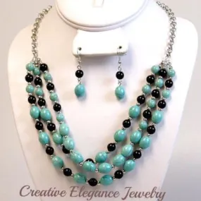 Turquoise, Beaded Layered Necklace & Earrings Set