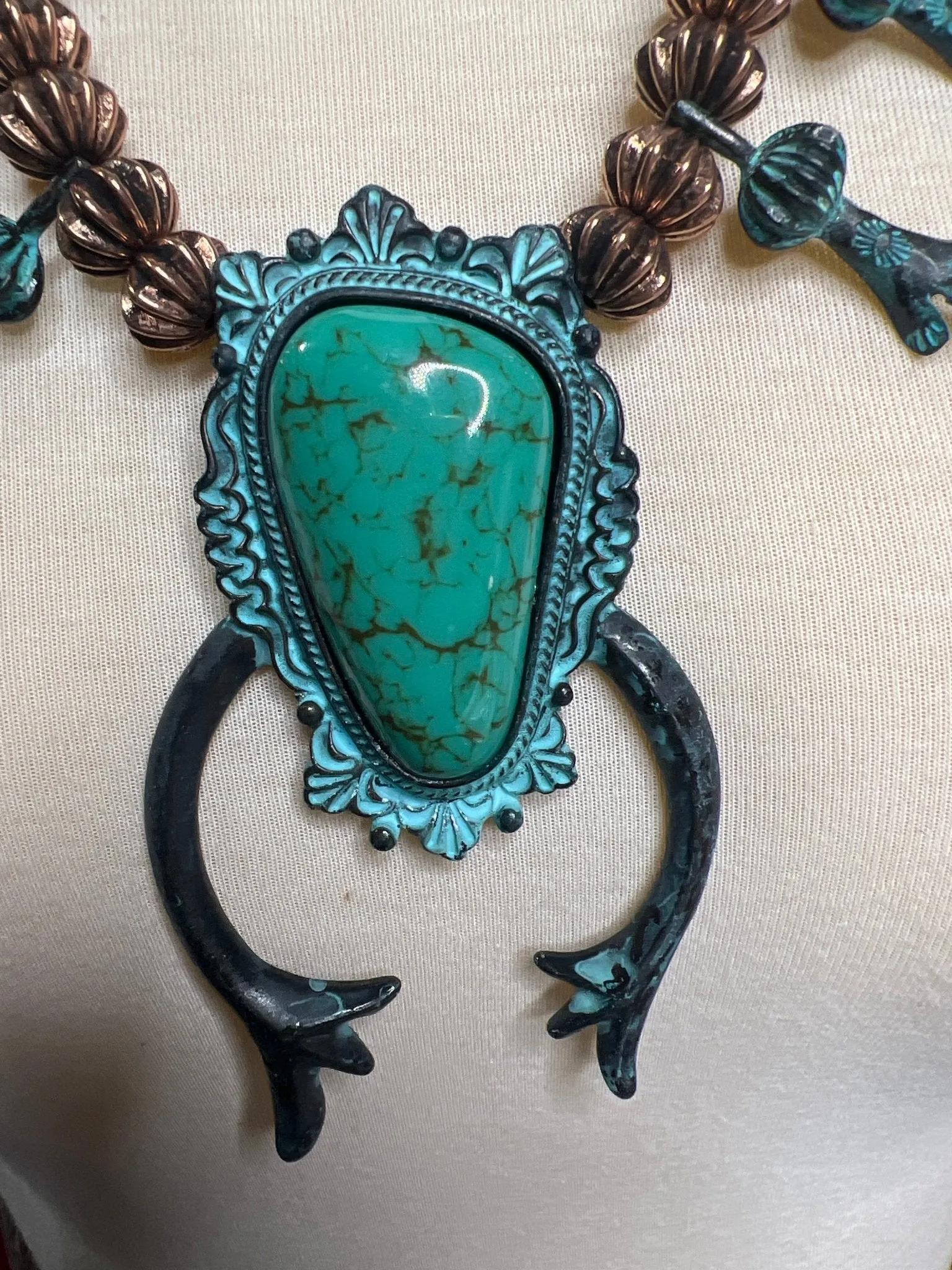 Turquoise Brass Squash Blossom Necklace