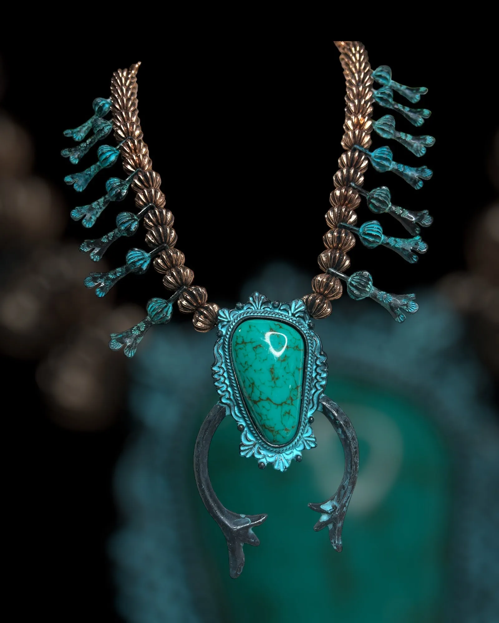 Turquoise Brass Squash Blossom Necklace