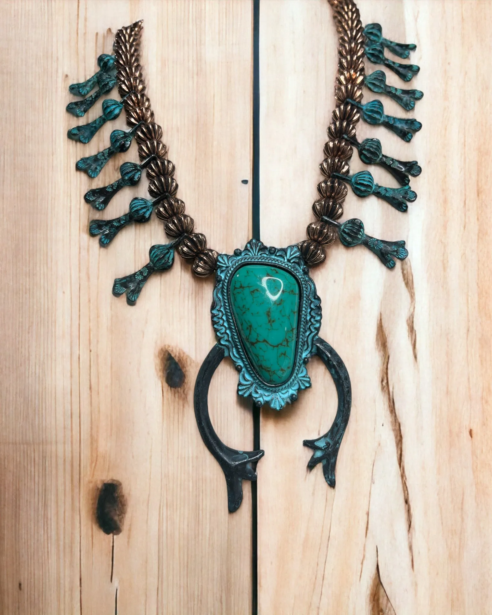 Turquoise Brass Squash Blossom Necklace