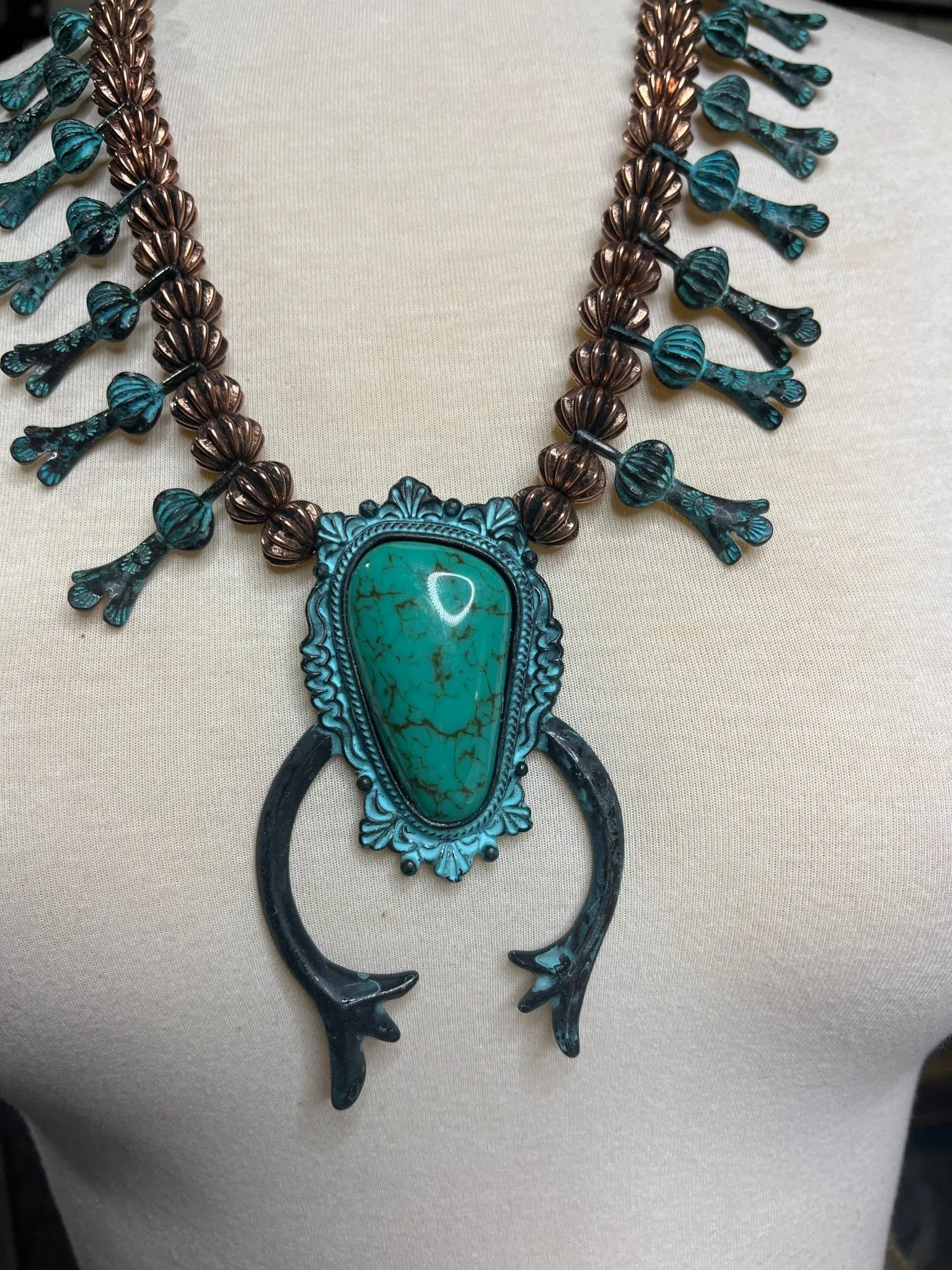 Turquoise Brass Squash Blossom Necklace