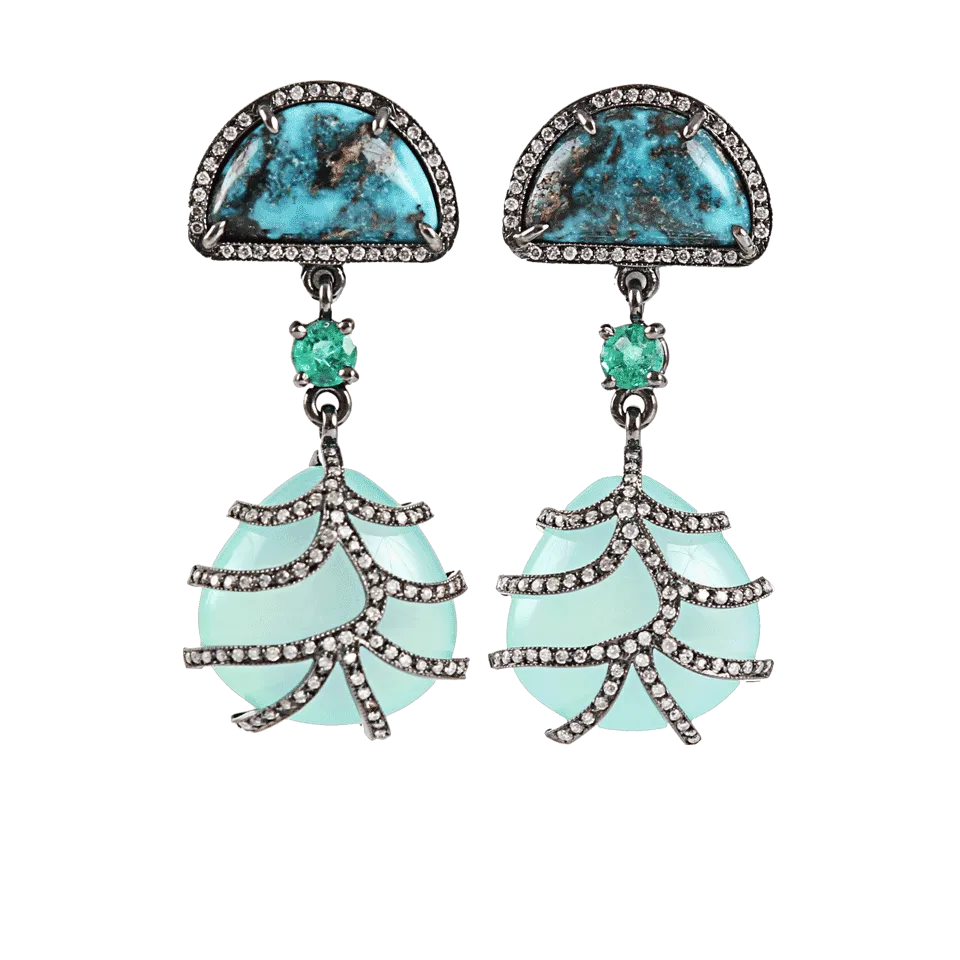 Turquoise, Emerald and Peardrop Chalcedony Earrings