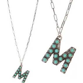 Turquoise Stone Initial "M" Pendant & Chain Link Necklace