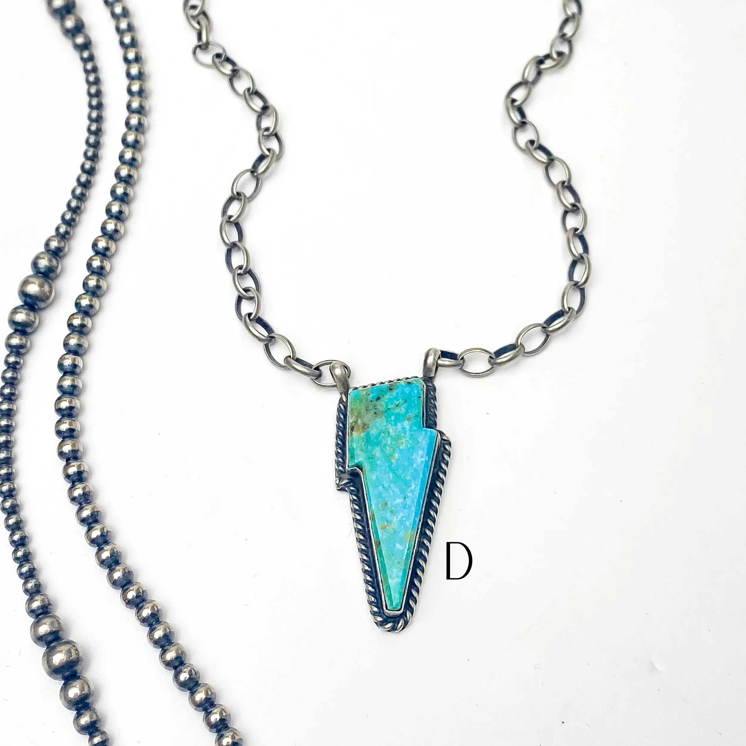 Various Artists | Navajo Handmade Sterling Silver Necklace with Kingman Turquoise Lightning Bolt Pendant