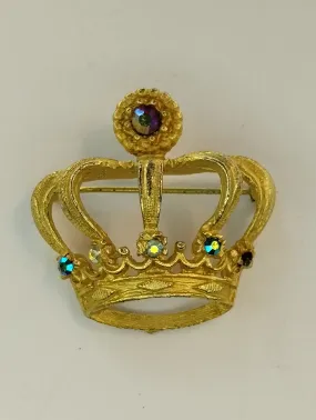 Vintage Brushed Gold Tone AB Aurora Borealis Crown Brooch Pin