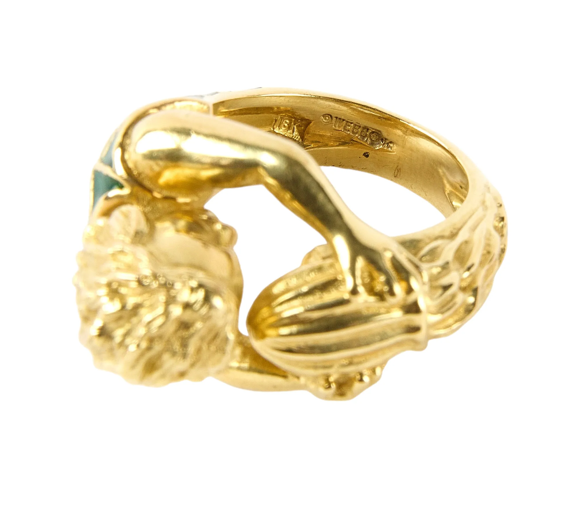Vintage David Webb’s Aquarius Zodiac 18K Yellow Gold Green Enamel Ring, 1970s