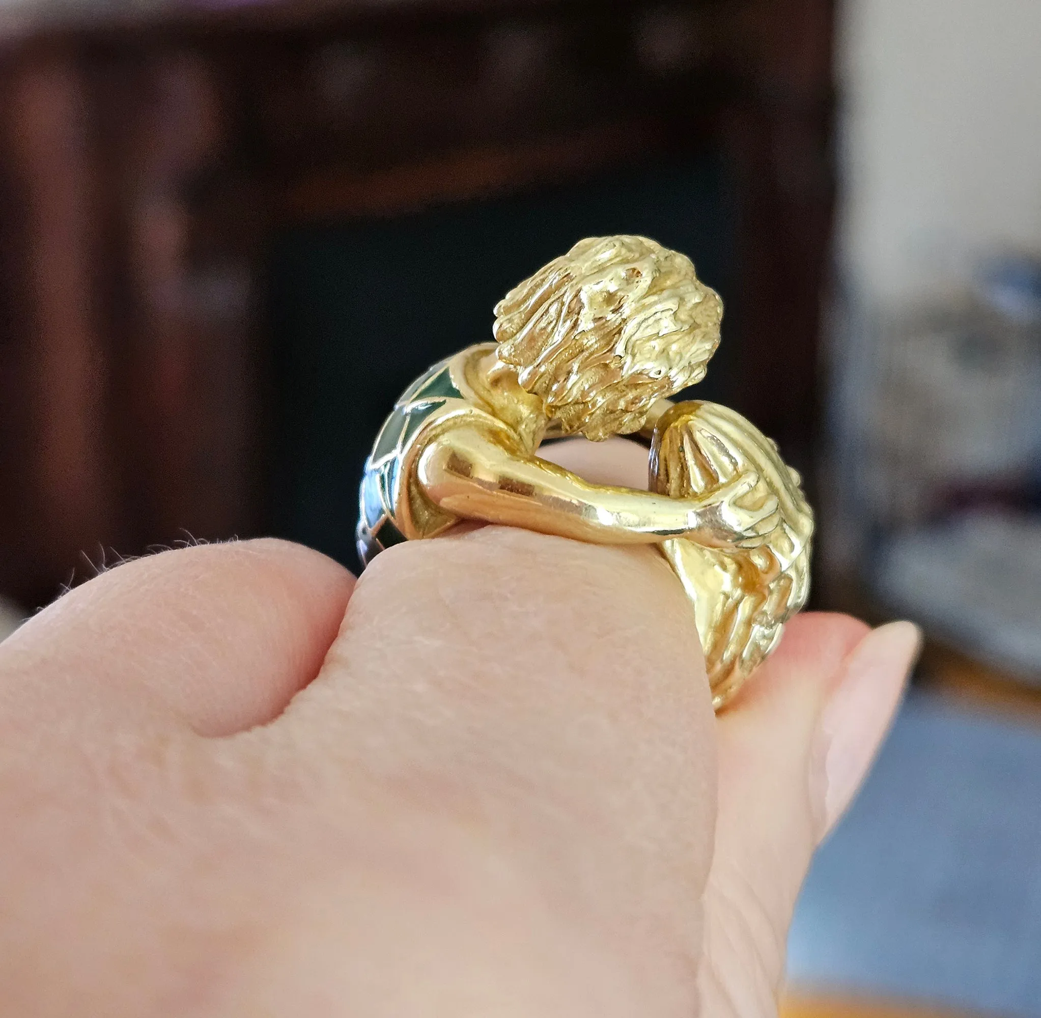 Vintage David Webb’s Aquarius Zodiac 18K Yellow Gold Green Enamel Ring, 1970s