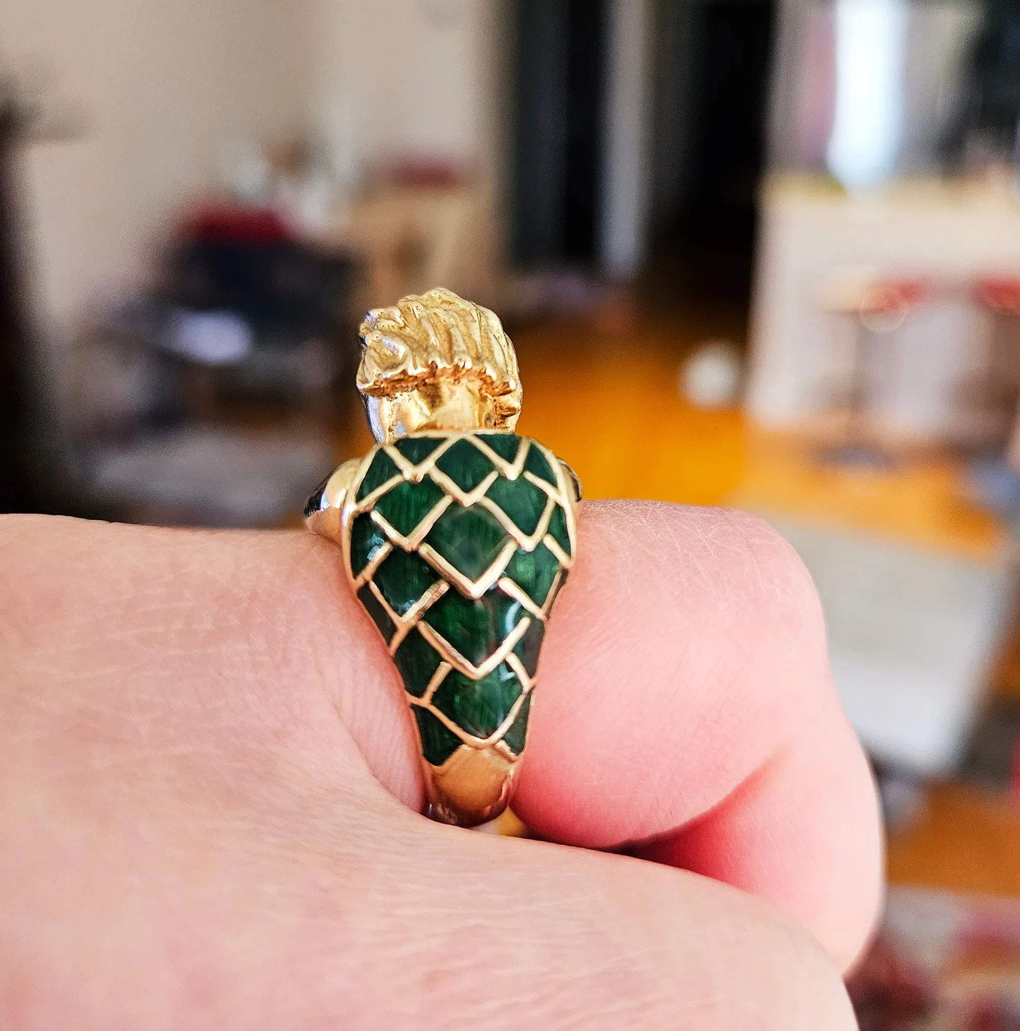 Vintage David Webb’s Aquarius Zodiac 18K Yellow Gold Green Enamel Ring, 1970s