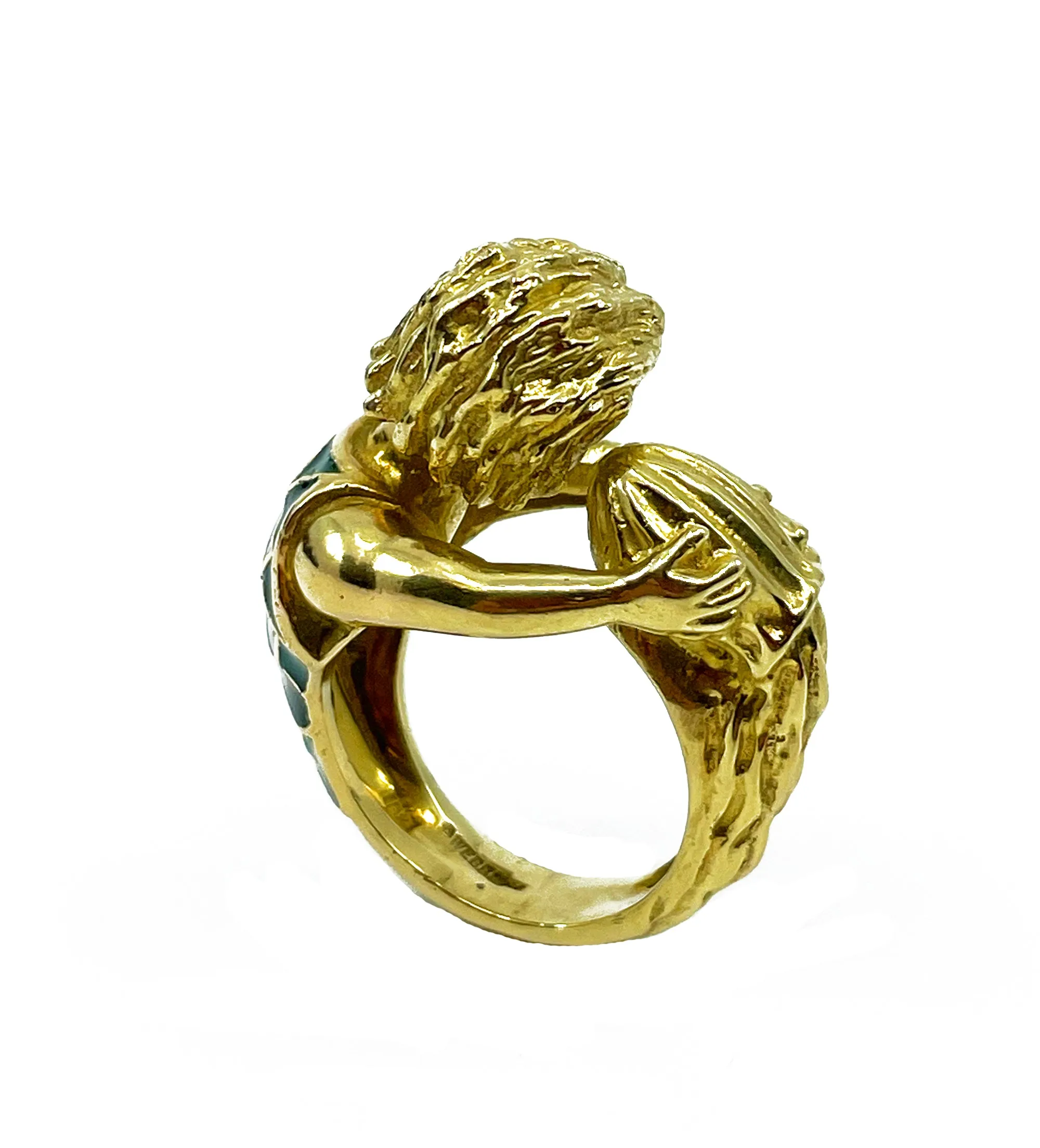 Vintage David Webb’s Aquarius Zodiac 18K Yellow Gold Green Enamel Ring, 1970s