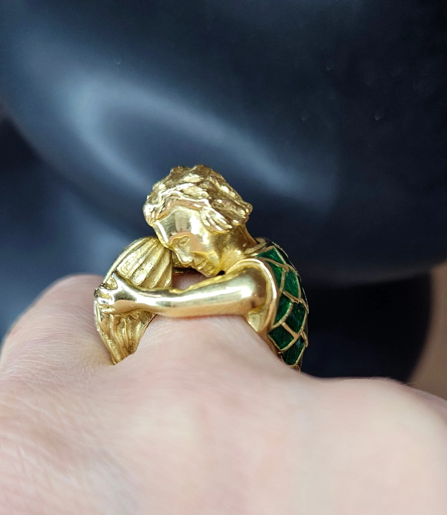 Vintage David Webb’s Aquarius Zodiac 18K Yellow Gold Green Enamel Ring, 1970s