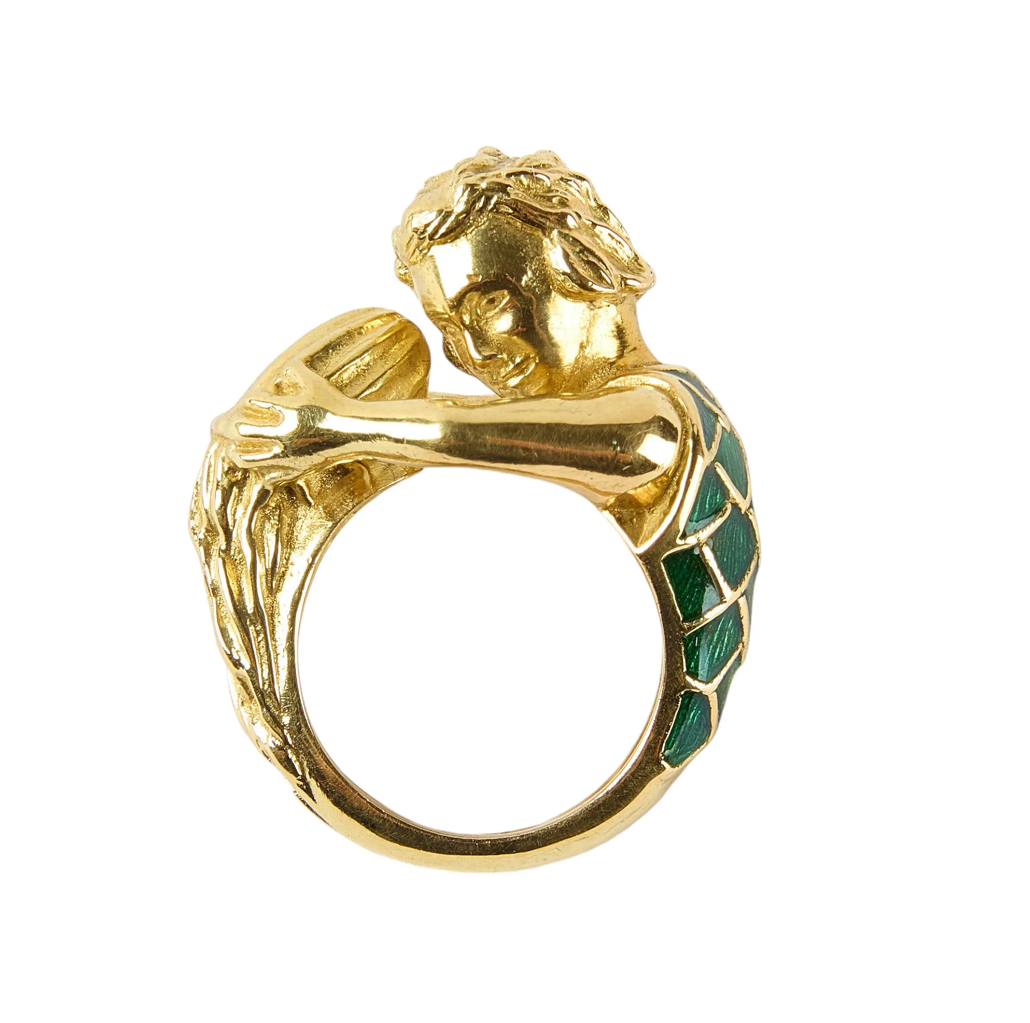 Vintage David Webb’s Aquarius Zodiac 18K Yellow Gold Green Enamel Ring, 1970s