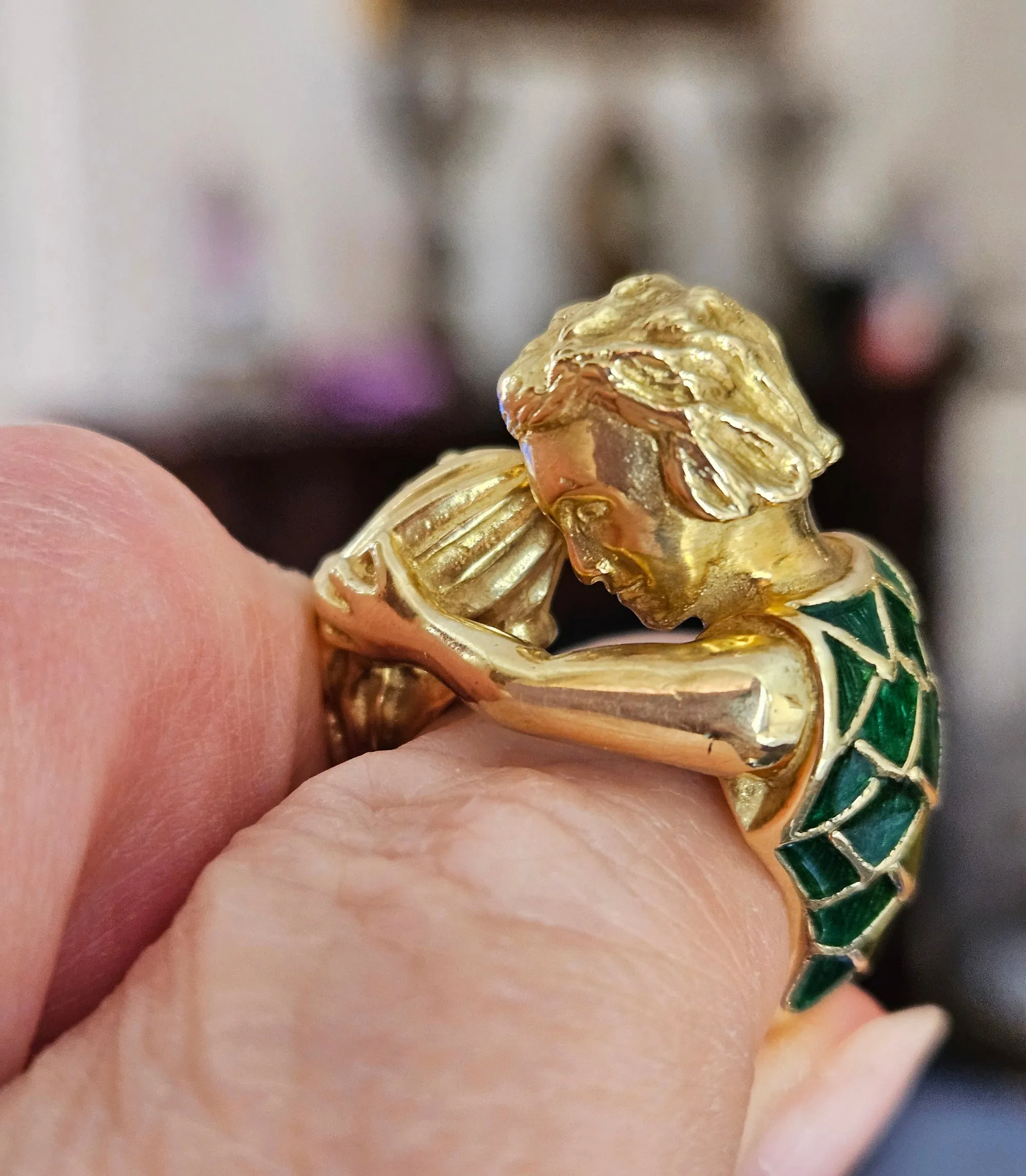 Vintage David Webb’s Aquarius Zodiac 18K Yellow Gold Green Enamel Ring, 1970s