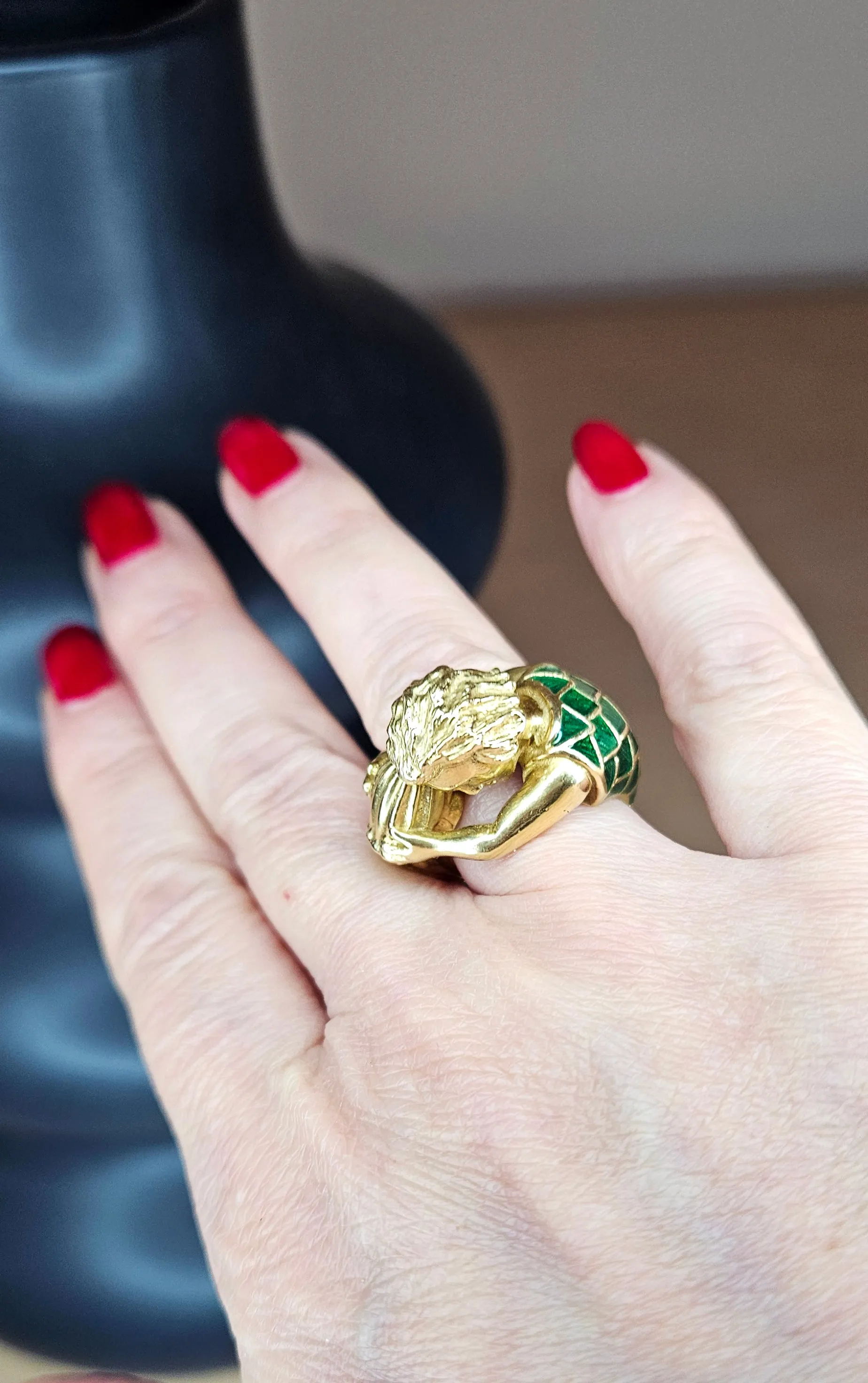 Vintage David Webb’s Aquarius Zodiac 18K Yellow Gold Green Enamel Ring, 1970s