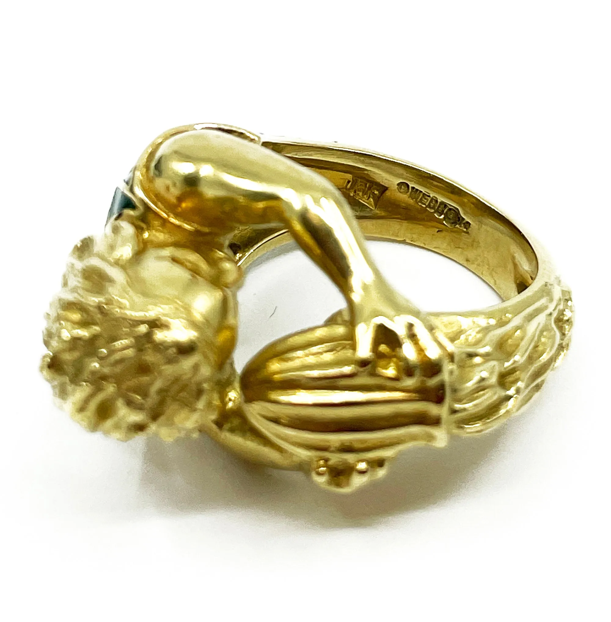 Vintage David Webb’s Aquarius Zodiac 18K Yellow Gold Green Enamel Ring, 1970s
