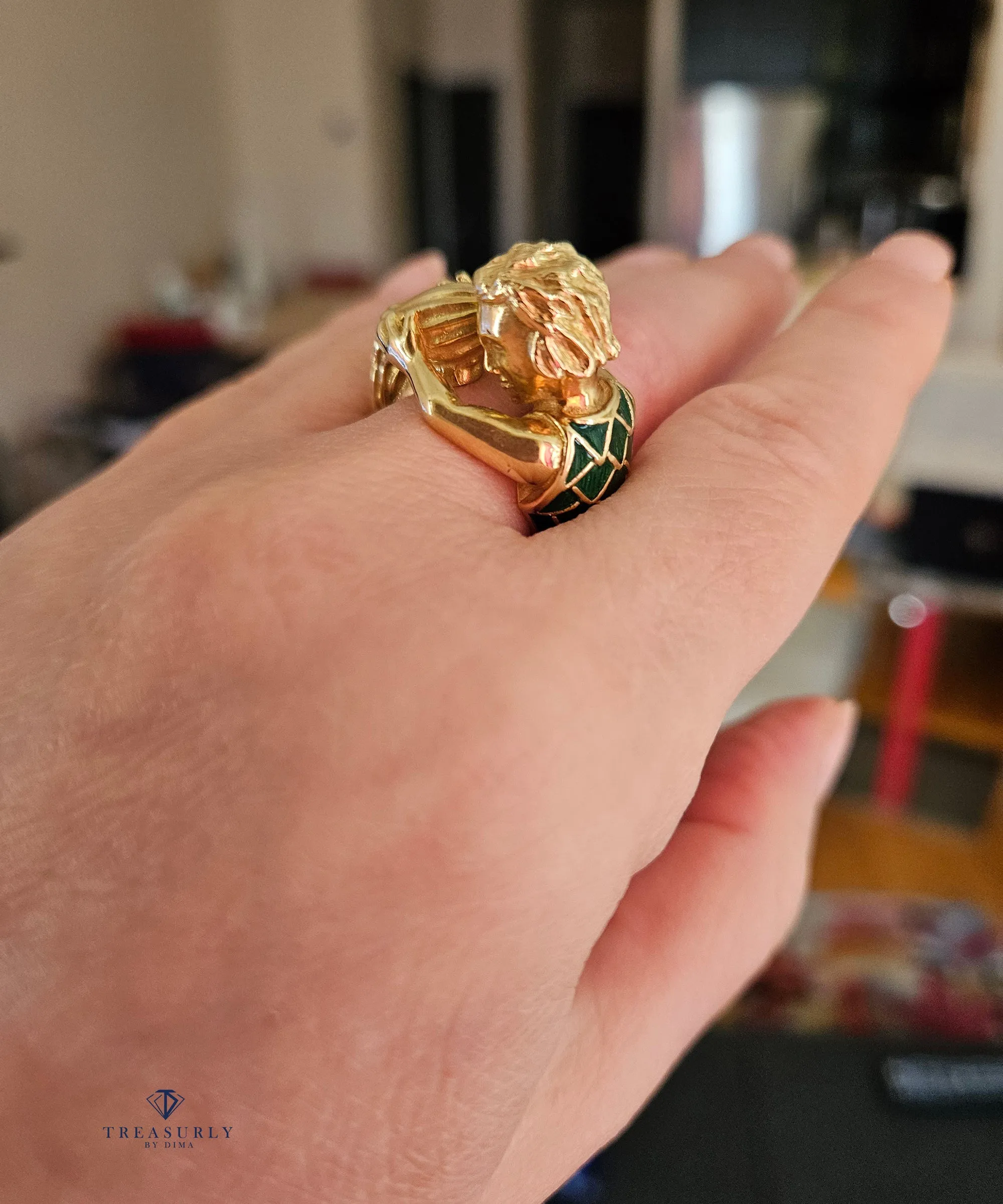 Vintage David Webb’s Aquarius Zodiac 18K Yellow Gold Green Enamel Ring, 1970s