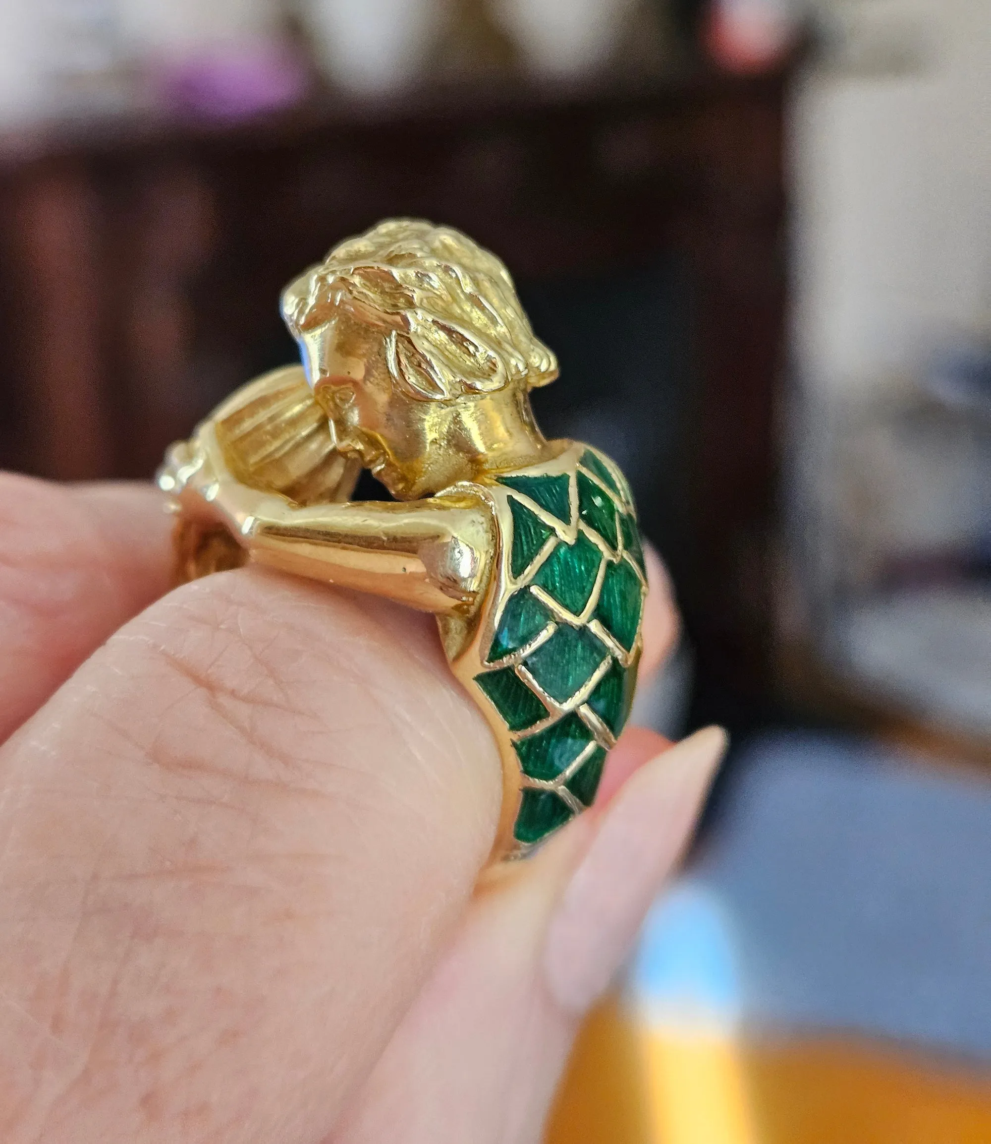 Vintage David Webb’s Aquarius Zodiac 18K Yellow Gold Green Enamel Ring, 1970s