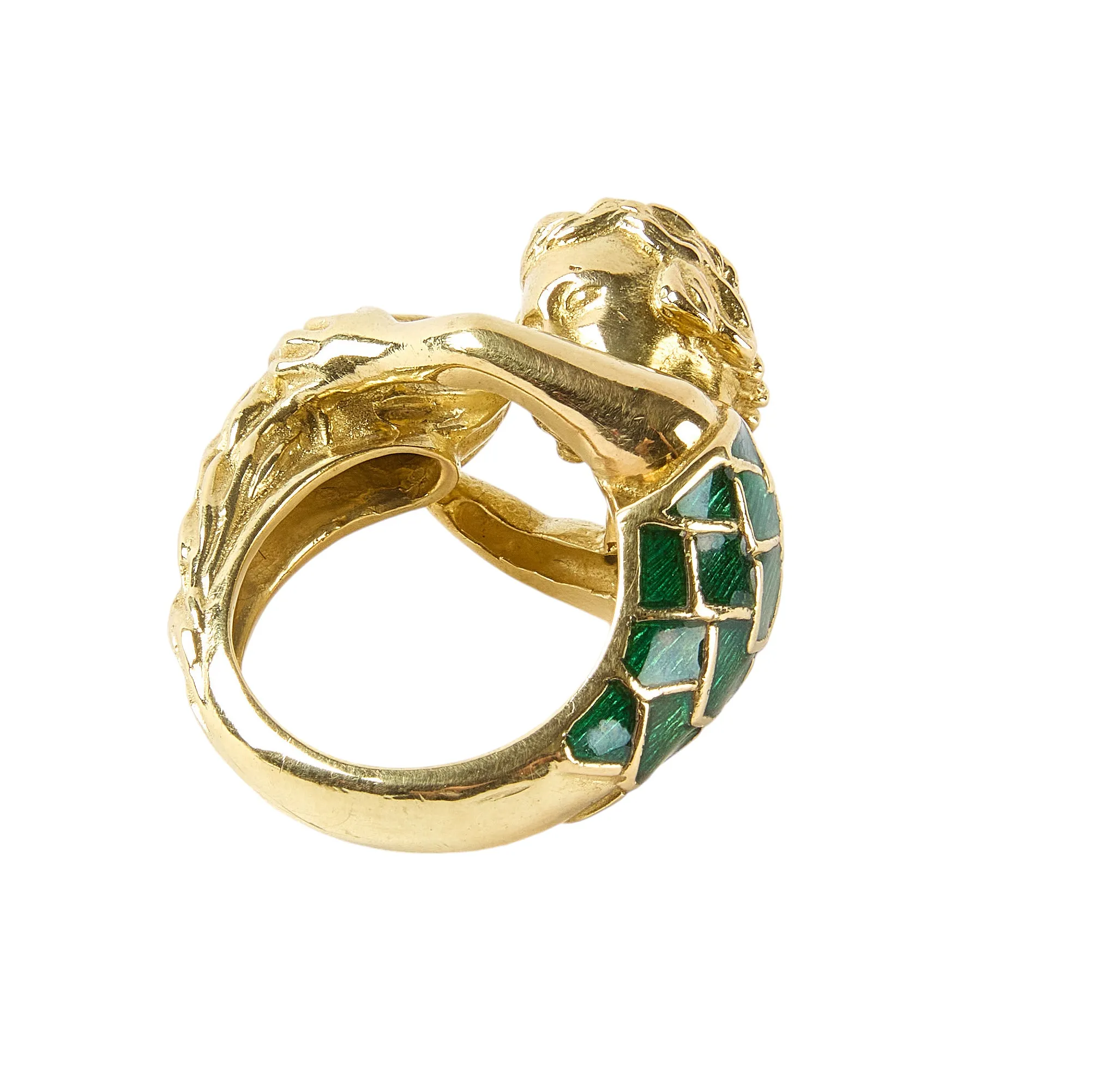 Vintage David Webb’s Aquarius Zodiac 18K Yellow Gold Green Enamel Ring, 1970s