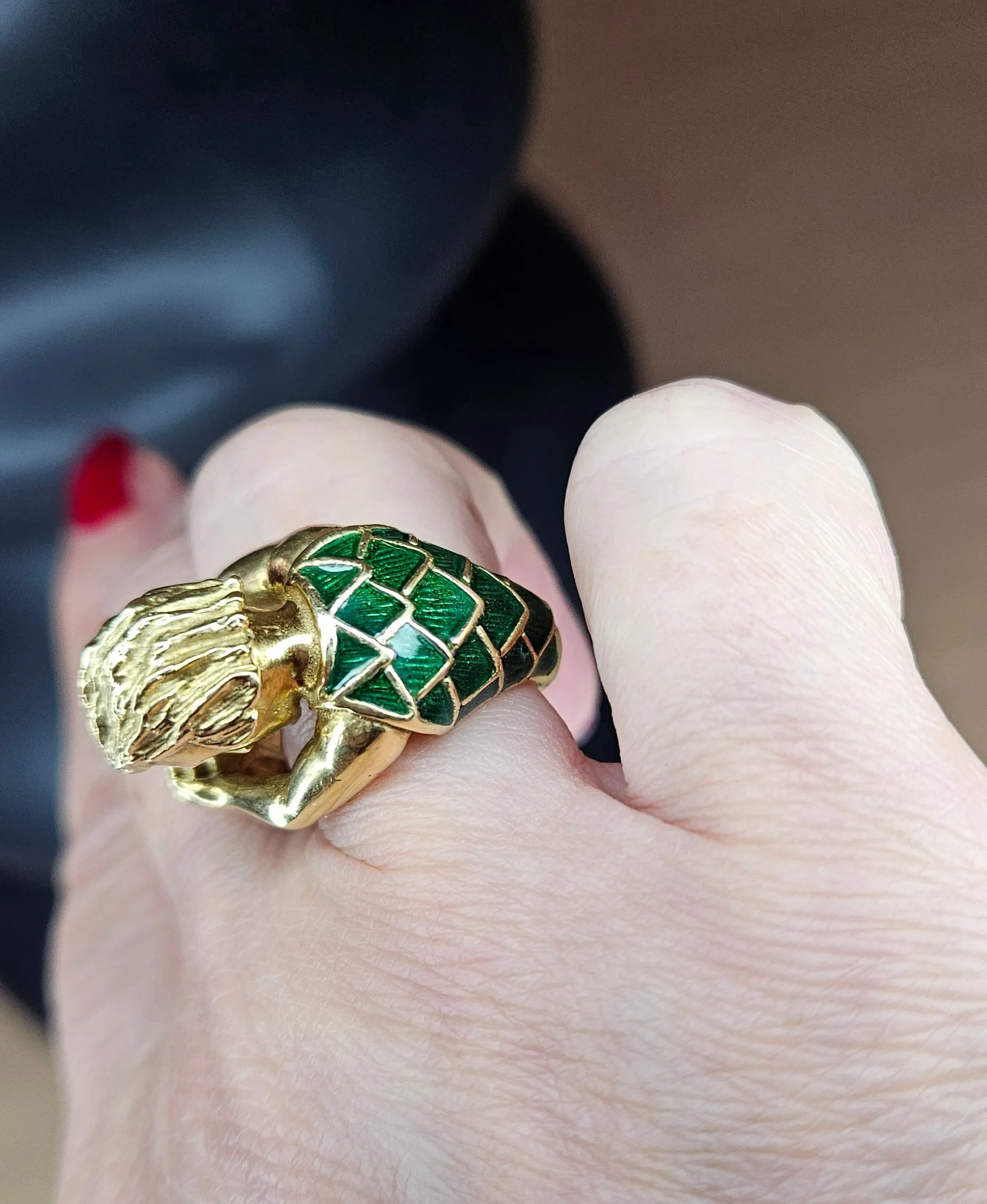 Vintage David Webb’s Aquarius Zodiac 18K Yellow Gold Green Enamel Ring, 1970s