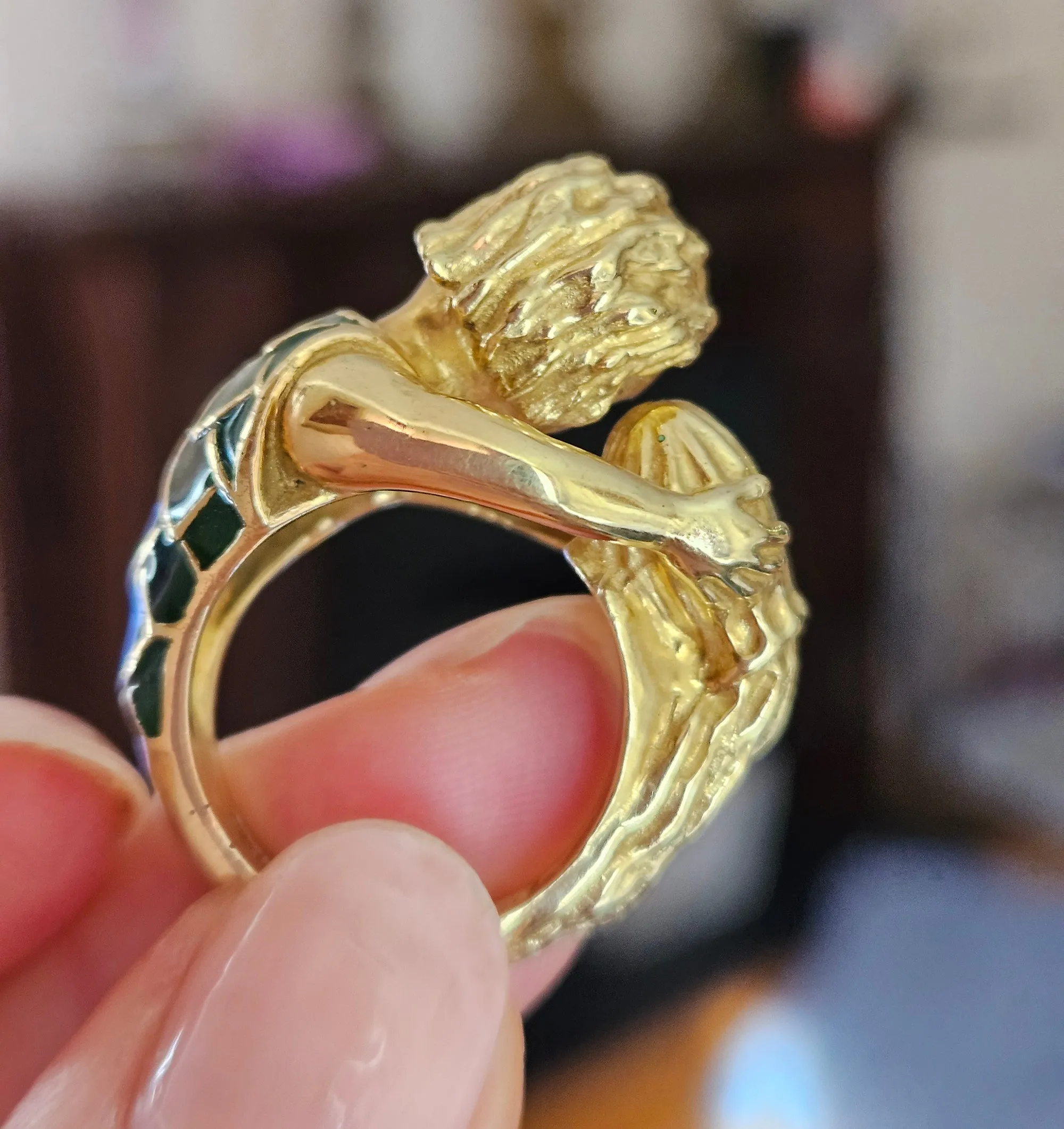 Vintage David Webb’s Aquarius Zodiac 18K Yellow Gold Green Enamel Ring, 1970s