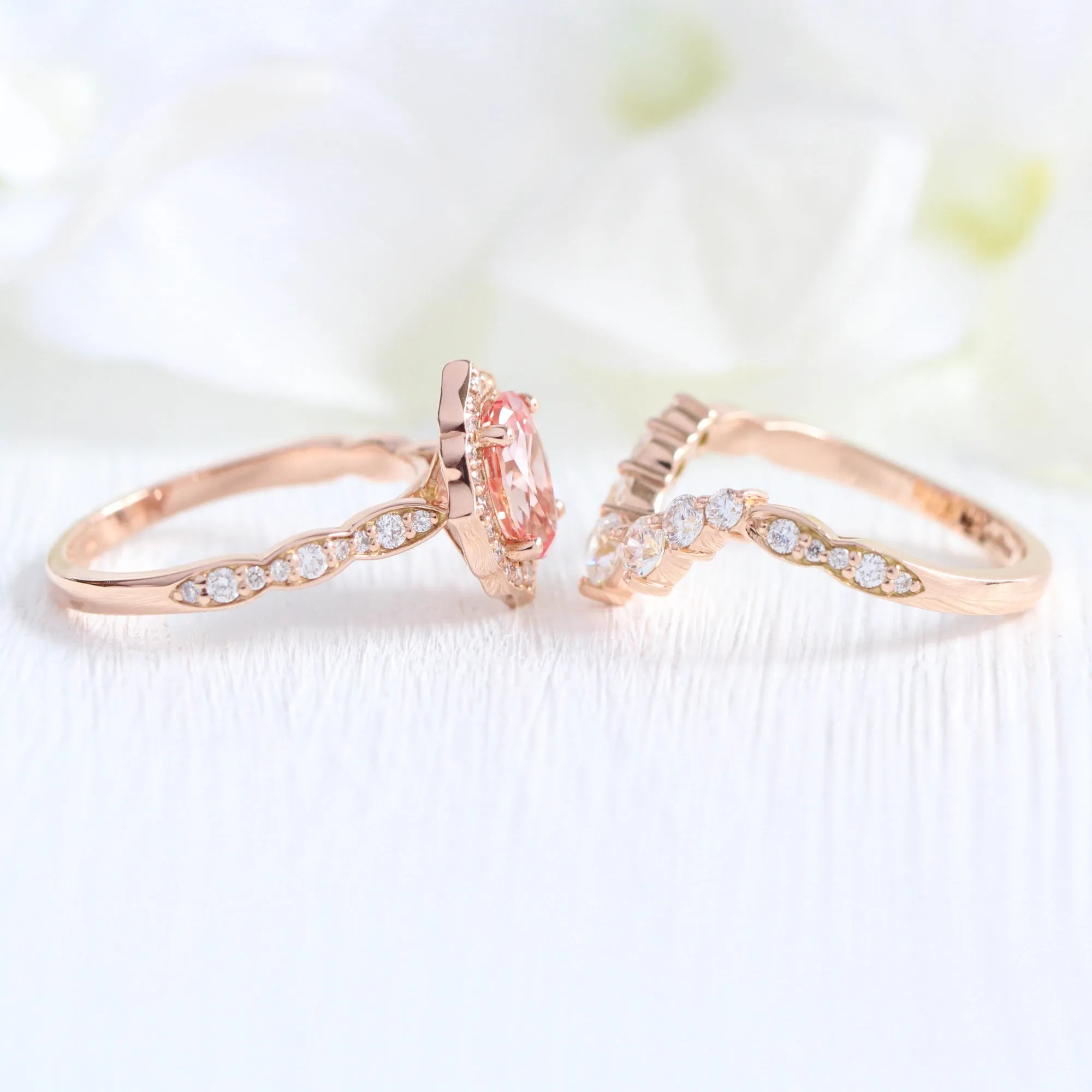 Vintage Floral Oval Ring Bridal Set w/ Peach Sapphire and Large 7 Diamond Scalloped Band