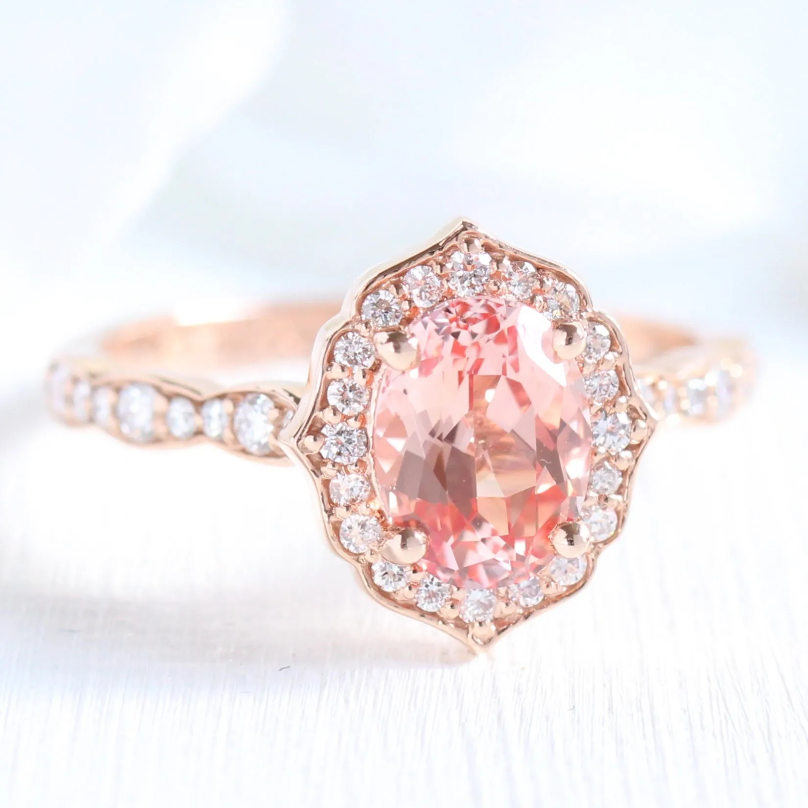Vintage Floral Oval Ring Bridal Set w/ Peach Sapphire and Large 7 Diamond Scalloped Band