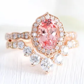 Vintage Floral Oval Ring Bridal Set w/ Peach Sapphire and Large 7 Diamond Scalloped Band